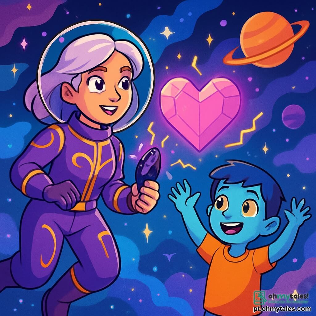Uma mulher exploradora com cabelos prateados flutua no espaço, seus olhos brilhando de determinação e deslumbramento. Ela veste um traje espacial roxo adornado com padrões dourados, e em sua mão, segura um amuleto de obsidiana que brilha com magia. Ao seu lado, um menino com olhos dourados e pele azul clara, chamado Eryon, observa com fascinação as maravilhas do universo, com os braços levantados em sinal de admiração. O ambiente é uma paisagem cósmica impressionante, repleta de nebulosas coloridas em tons de azul, roxo e rosa, com estrelas cintilantes e planetas flutuantes ao fundo. A cena principal mostra a mulher e o menino diante de um imenso coração de cristal flutuante, emitindo uma luz suave e vibrante, enquanto raios de energia mágica dançam ao seu redor, criando uma atmosfera mágica e misteriosa.