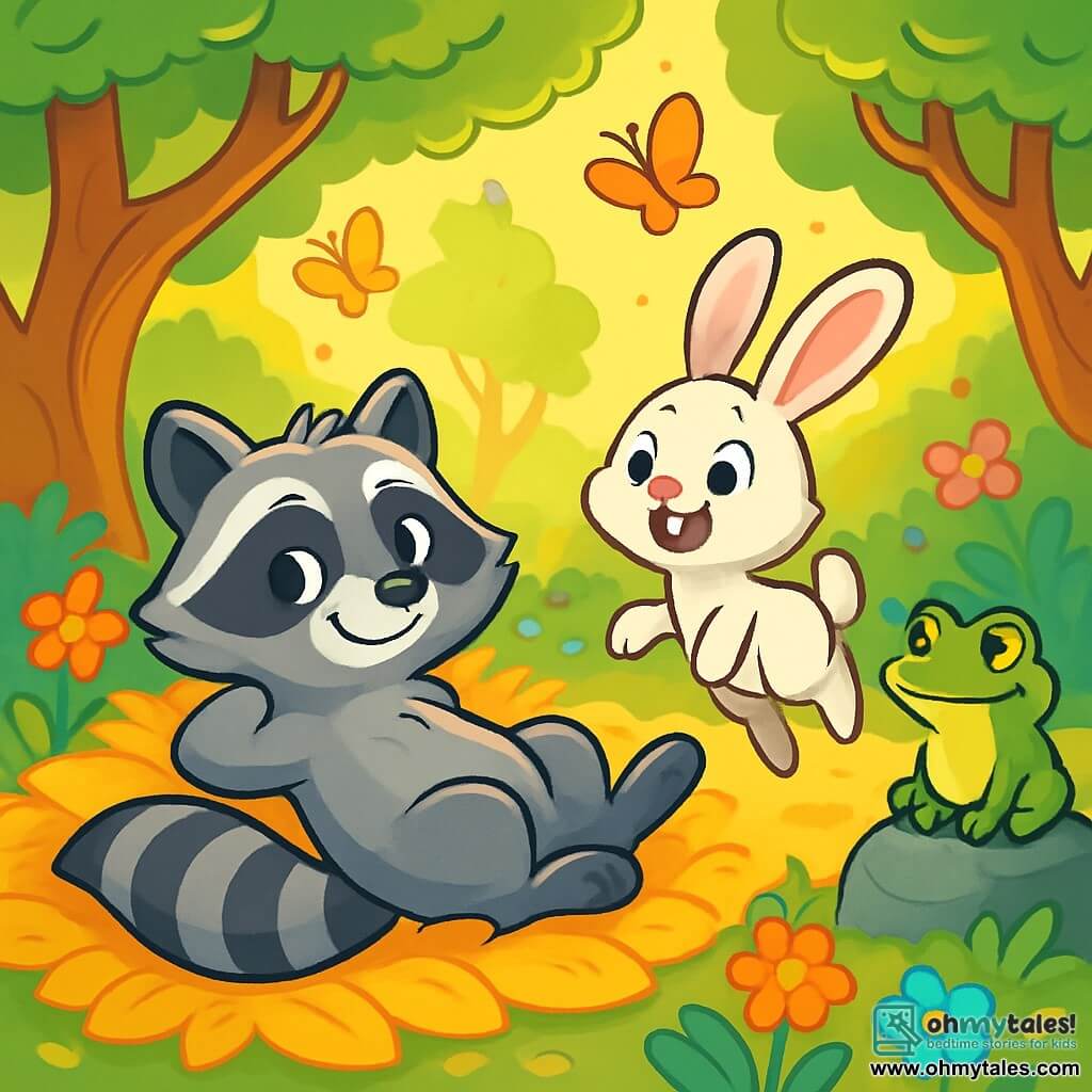 A young raccoon named Rusty, with shiny gray and black fur and curious sparkling eyes, is lying on a bed of golden leaves, displaying an expression of contentment and laziness. Next to him, a small rabbit with big ears, Pippin, with white fur and a mischievous look, joyfully hops around, ready to explore, while a wise green frog, Fergus, with a cheeky smile, stands on a rock, watching the scene with amusement. In the background, an enchanted clearing bathed in golden light, surrounded by twisted tree trunks and colorful flowers that seem to smile, creates a magical atmosphere. Rusty, Pippin, and Fergus are preparing to discover a hidden treasure, surrounded by shimmering butterflies dancing in the air, adding a touch of fantasy to their adventure.