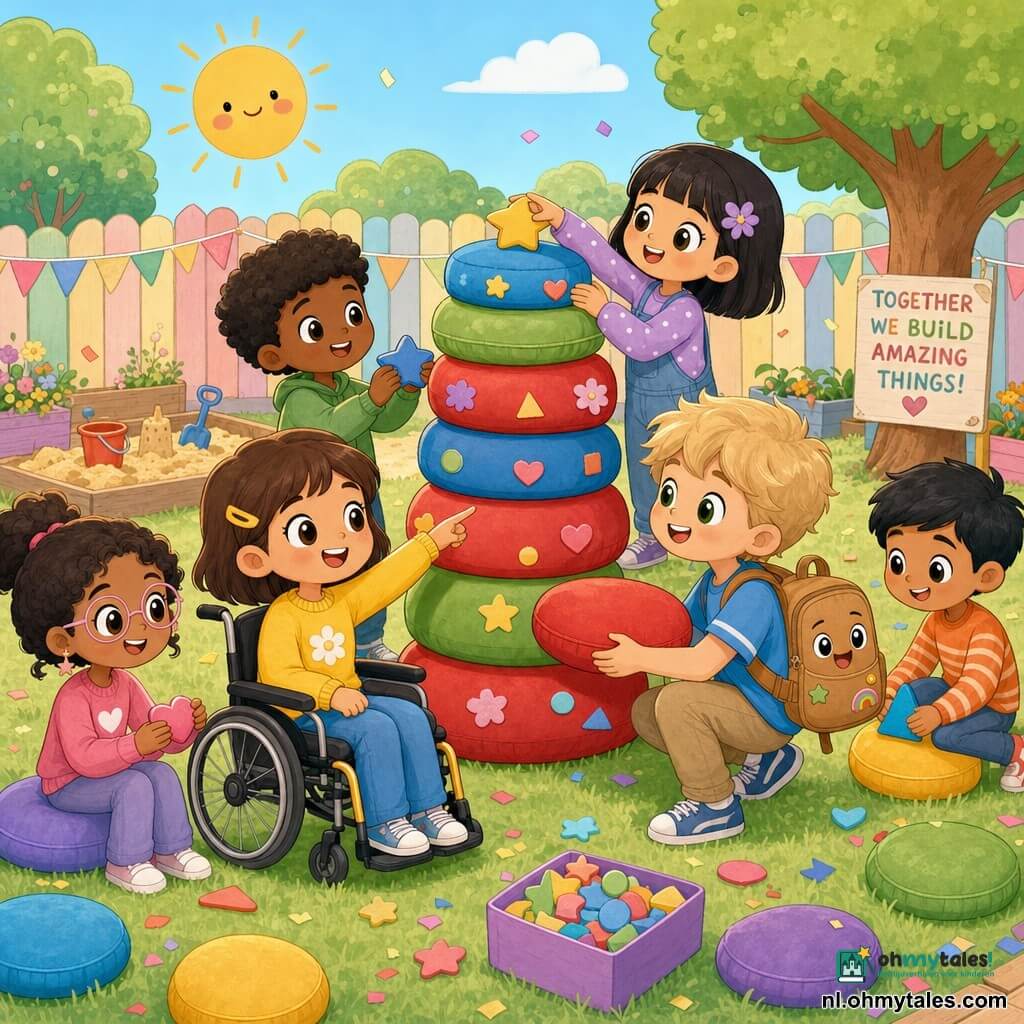 Hoofdpersonage: Noor, een meisje in een handbewogen rolstoel, rond glimlachend gezicht, korte kastanjebruine haren, geel truitje en jeans, zelfverzekerd en zorgzaam, wijst naar een kussenstapel die ze helpt maken; secundair: Finn, 8-jarige jongen met blonde warrige haren en blauw T-shirt, gebogen naast Noor en geeft haar een kussen terwijl hij glimlacht; secundair 2: Sam, een klein knuffelrugzakje van lichtbruin leer met naïeve blije ogen, hangt aan Finns rug en kijkt trots naar de toren; overige kinderen: twee à drie klasgenootjes van verschillende geslachten, nieuwsgierig en vrolijk, staand of op kussens zittend, helpen stapelen en versieren; locatie: zonnige schoolplaats met zacht gras, kleurrijke tapijten en kussens, geschilderd houten hek, gestileerde bomen en zandbak op de achtergrond; situatie: inclusief, rustig en cooperatief moment waarin de kinderen samen een felgekleurde (rood, groen, blauw) kussen toren bouwen met zachte confetti, warme namiddaglicht.