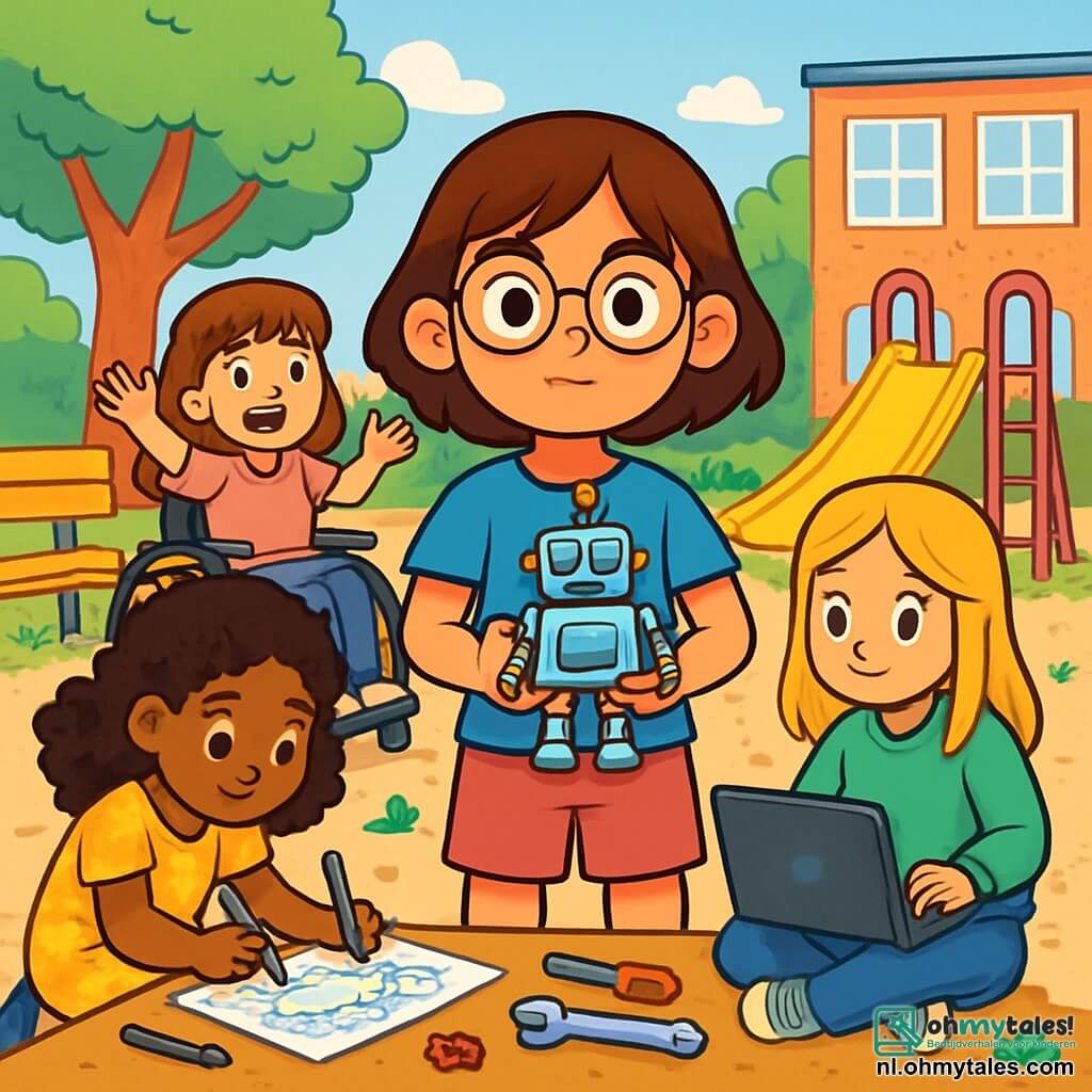 Er zijn 4 kinderen: - Noor: een 10-jarig meisje met bruin haar en ronde bril, in een blauwe t-shirt en een roze short. Ze staat in het midden, met een vastberaden blik, en houdt een klein plastic robot vast. - Samira: een 10-jarig meisje met zwart, krullend haar, gekleed in een gele bloemenjurk. Ze staat links van Noor en tekent plannen in een notitieboek met een gekleurde potlood. - Evi: een 10-jarig meisje met blond, steil haar, in een groene sweatshirt en een spijkerbroek. Ze zit rechts van Noor voor een laptop, met haar ogen op het scherm gericht. - Mila: een 10-jarig meisje met kastanjebruin haar en een pony, in een mooie roze blouse. Ze zit in een rolstoel, glimlachend, en staat iets achteraan, terwijl ze haar vriendinnen enthousiast aanmoedigt. De locatie is de speelplaats van een school, met groene bomen, kleurrijke banken en speeltoestellen. De grond is bedekt met grind en kleine wilde bloemen die tussen de stenen groeien. De belangrijkste situatie toont de vier vriendinnen verenigd, vastbesloten om een robot te bouwen voor de schoolwedstrijd, terwijl ze de genderstereotypen uitdagen. Ze werken samen, omringd door tekeningen en gereedschap, klaar om te bewijzen dat iedereen zijn dromen kan waarmaken, ongeacht zijn geslacht.