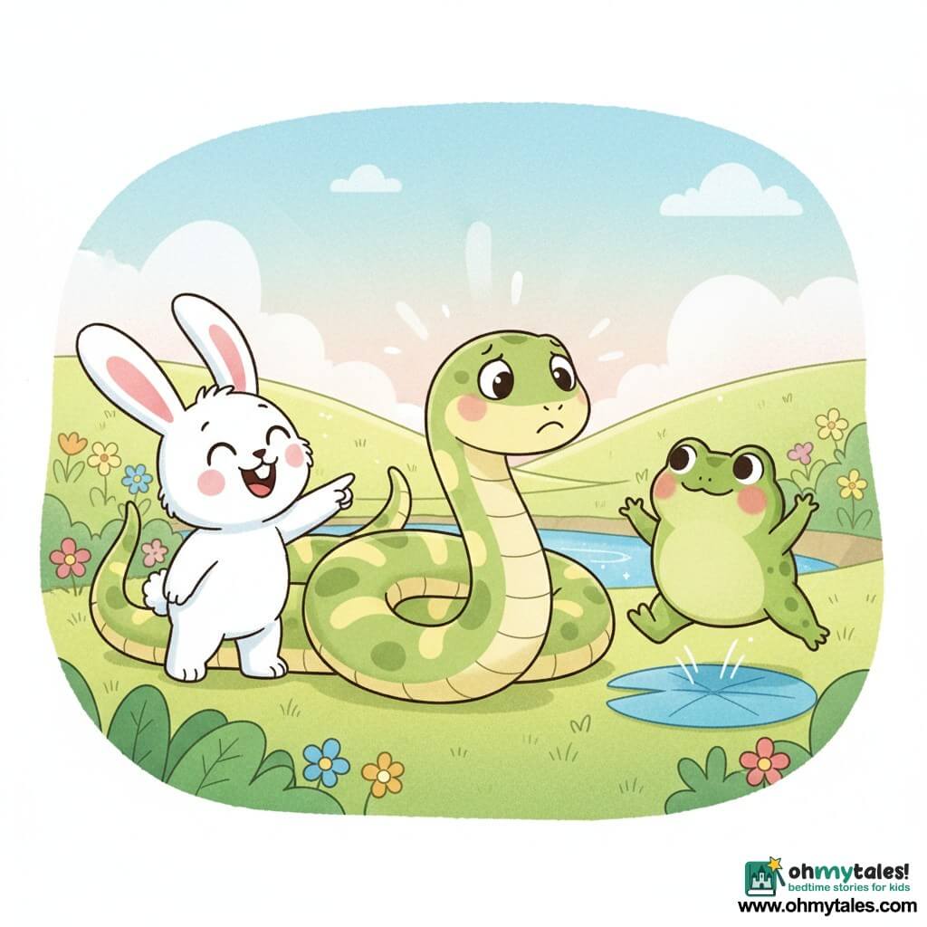 A long round pale green snake with yellow stripes looks worried but gentle, wiggling as it searches for its tail; to its left Benny, a small fluffy white rabbit with big round eyes, laughs and points; to its right Tilly, a plump green frog with rosy cheeks, jumps by a lily pad. They play hide-and-seek in a sunny meadow with waving grass, colorful flowers, a small bright blue pond and a pastel sky; soft lines, pastel colors, rounded contours and simple textures create a tender, lighthearted scene.