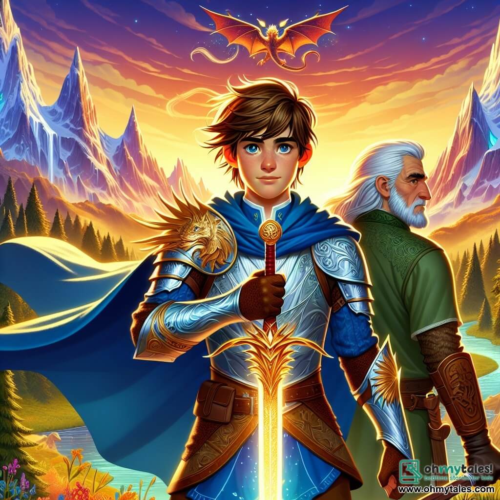 A young man, Cedric, around 17 years old, stands proudly atop a hill, wielding a shimmering sword, the Sword of Dawn, which emits a golden light. His face is determined, with eyes shining with hope and courage, and his brown hair flows in the wind. He wears shiny armor adorned with dragon motifs and a blue cloak that billows behind him. Beside him, Sir Alric, a man in his fifties with a weathered face and gray beard, looks at him with pride. He is dressed in older battle-scarred armor and holds a wooden shield decorated with ancient runes, ready to defend his young protégé. In the background, a fantastical landscape stretches out: majestic mountains with snowy peaks, a dense and mysterious forest, and a sky vibrant with warm colors at sunrise, illuminating the scene with a golden glow. The main situation shows Cedric and Alric preparing to face an army of dark creatures gathering in the distance, while flashes of light erupt from the Sword of Dawn, symbolizing hope and courage in the face of adversity.