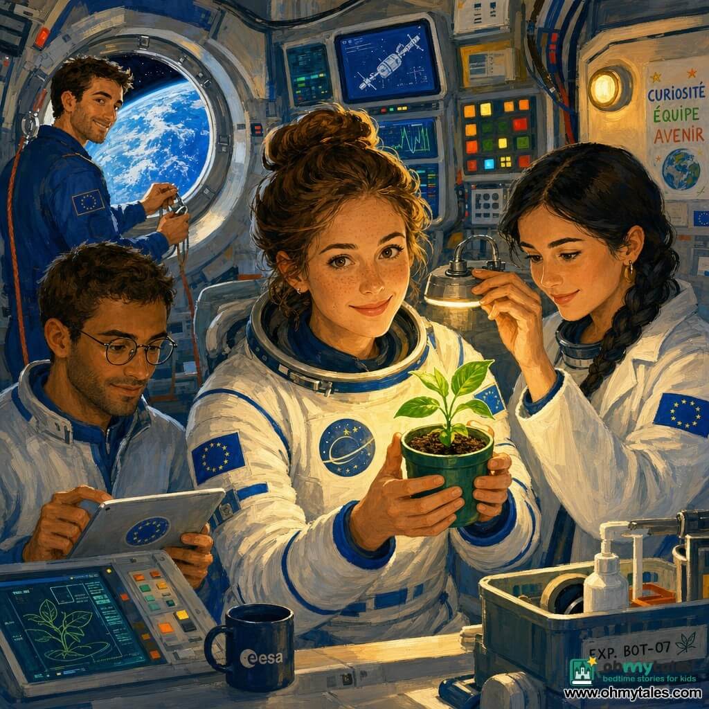 A smiling, serene female astronaut in her thirties with brown hair in a bun and freckles, wearing a white spacesuit with blue details and a mission badge, gently holds a small potted green plant and looks at the camera to share a discovery; behind her to the left a tanned male engineer in his thirties with short hair and round glasses types on a silver console tablet with a focused yet kind expression, to the right a female botanist in her late twenties with braided black hair and an open lab coat adjusts a growth lamp over the plant, and in the background left a reassuring, smiling male pilot around 32 checks a safety tether near a porthole; interior of a space station with smooth metal walls, colorful control panels, tidy cables and a round window showing blue-and-white Earth, warm yellow fixtures and cool screen light; moment of presentation and camaraderie centered on the plant and the astronaut’s radiant face; acrylic painting style with visible brushstrokes, vivid contrasting colors, thick textures and soft optimistic atmosphere emphasizing faces and the plant.