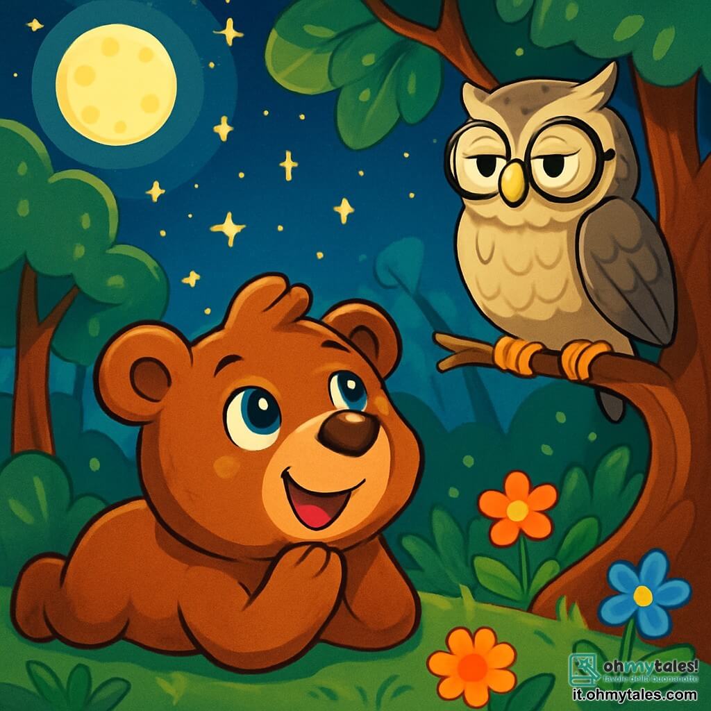 Un piccolo orso marrone di nome Tobia, con un naso rotondo e occhi brillanti di curiosità, è sdraiato sull'erba verde, guardando il cielo stellato con un sorriso meravigliato. Accanto a lui, un vecchio gufo dalle piume grigie e con occhiali rotondi, posato su un ramo, osserva Tobia con un'espressione saggia e divertita. La scena si svolge in una foresta magica, dove gli alberi hanno tronchi contorti e foglie scintillanti alla luce della luna, e fiori colorati danzano dolcemente al vento. Tobia, affascinato dalle stelle, si chiede cosa ci sia oltre questo cielo brillante, mentre il gufo, con uno sguardo complice, sembra pronto a condividere segreti di saggezza.