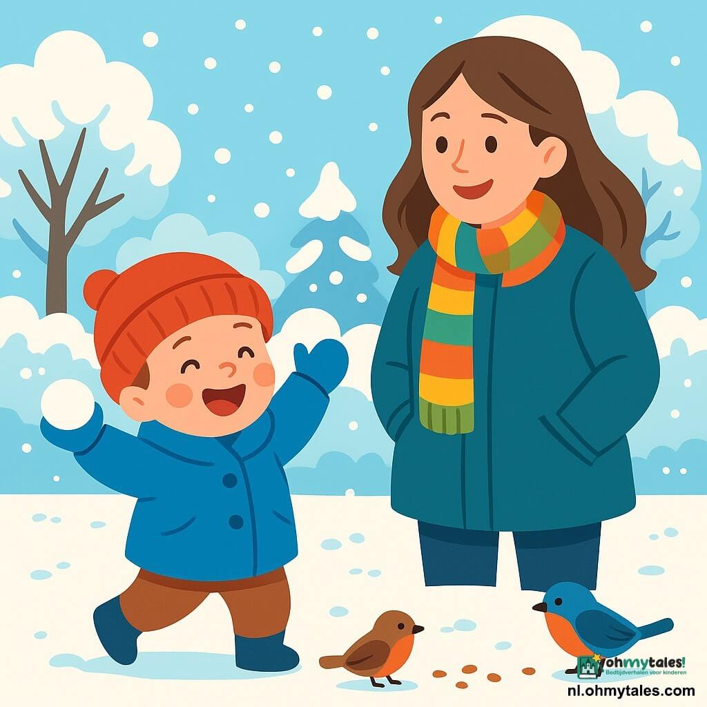 Een jongetje van 2 jaar, met roze wangen en sprankelende ogen, draagt een grote blauwe jas en een rode muts. Hij lacht vrolijk met zijn armen omhoog terwijl hij een sneeuwbal gooit. Naast hem staat zijn moeder, een vrouw van ongeveer 30 jaar met lang bruin haar en een kleurrijke sjaal. Ze glimlacht terwijl ze naar haar zoon kijkt, met haar handen in de zakken van haar jas. De scène speelt zich af in een winterpark, waar de bomen bedekt zijn met een dikke laag glinsterende sneeuw en de grond bedekt is met witte vlokken. Kleurrijke vogels pikken zaden uit de sneeuw, wat leven toevoegt aan dit vredige landschap. Het jongetje heeft plezier met het maken van een sneeuwbal, terwijl zijn moeder hem aanmoedigt met een warme glimlach, wat een vrolijke en familiale sfeer creëert.