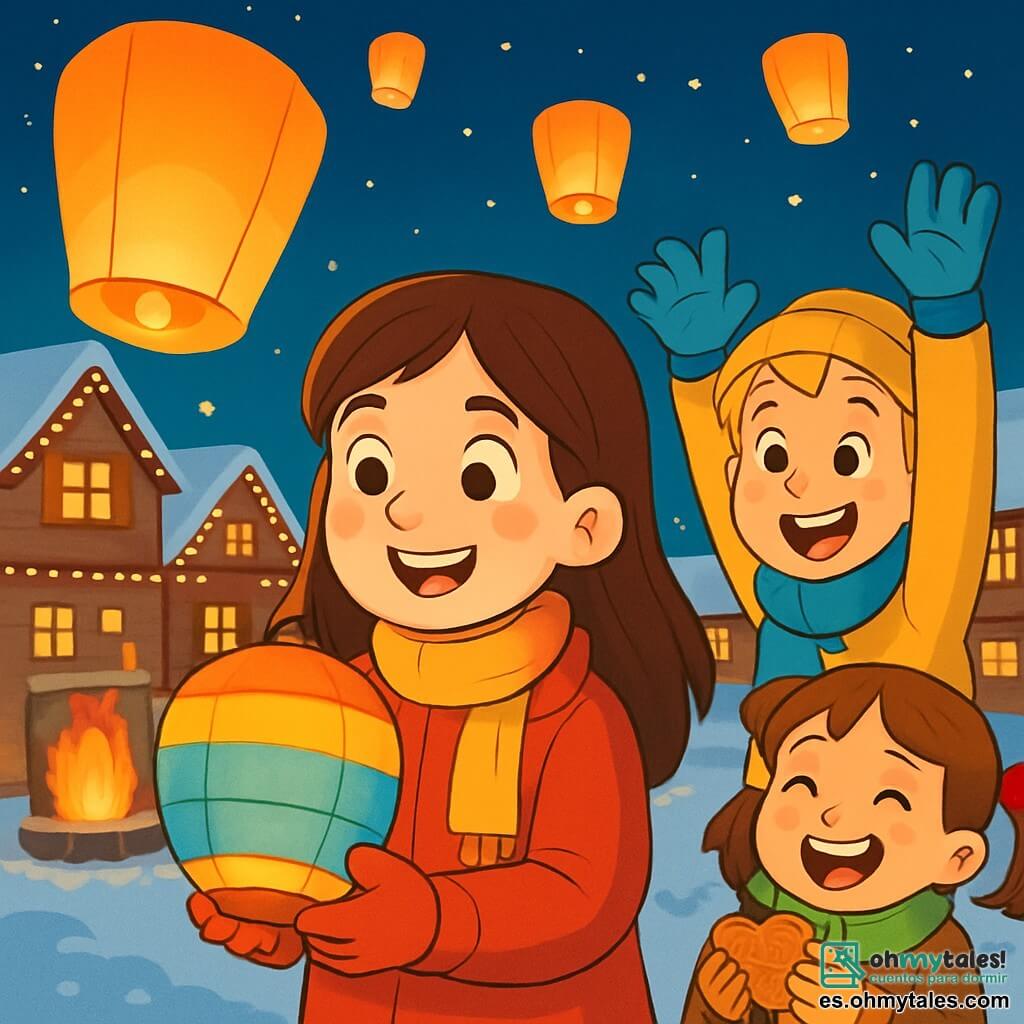 Una niña de 10 años, Valeria, con largos cabellos castaños y mejillas sonrosadas, sonríe con asombro sosteniendo una linterna de papel colorida. Lleva un abrigo rojo brillante y guantes de lana, rodeada de un grupo de niños alegres. A su lado, un niño de 10 años, con cabello rubio y ojos brillantes, levanta los brazos, listo para soltar su propia linterna. Otra niña de 9 años con coletas ríe mientras sostiene un puñado de galletas navideñas. El escenario es una encantadora plaza de pueblo, rodeada de casas de madera decoradas con guirnaldas luminosas y con una gran chimenea crepitante en el centro. La nieve cubre el suelo, brillando bajo las estrellas, mientras linternas flotan en el cielo nocturno, iluminando la escena con una suave luz dorada. La situación principal muestra a Valeria y sus amigos celebrando el Año Nuevo, listos para soltar sus linternas al cielo, llenos de emoción y sueños para el año venidero.