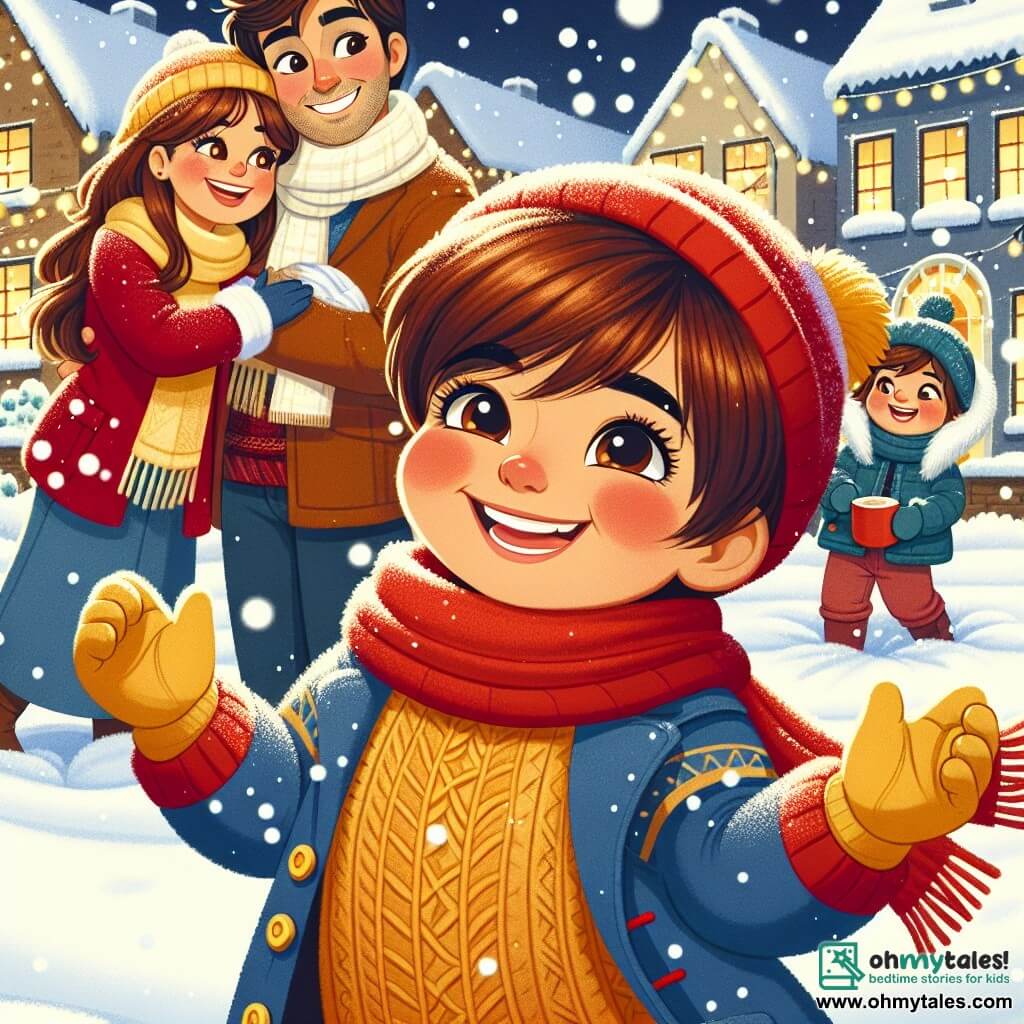 A 5-year-old boy with chestnut hair and sparkling eyes wears a red scarf and yellow gloves. He is laughing and dancing in the snow, his cheeks rosy from the cold. Next to him, his mother, a woman in her thirties with long brown hair and a blue coat, smiles while holding a cup of hot chocolate, watching her son with tenderness. His father, a man in his thirties with light facial hair and a wool hat, stands a bit back, laughing and taking photos of this joyful moment. The setting is a charming village square covered in a thick layer of sparkling snow, surrounded by houses with snow-covered roofs and decorated with fairy lights. Snowflakes gently fall from the sky, adding to the magical winter atmosphere. The main scene shows the boy enjoying playing in the snow, surrounded by his family, while snowflakes dance around them, creating a festive and warm scene in the heart of winter.