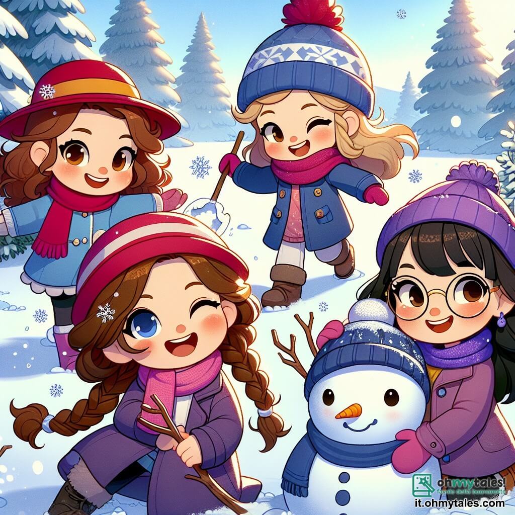 Quattro amiche di cinque anni si trovano in un paesaggio invernale incantevole. Sara, con i capelli castani e ricci, indossa un berretto rosso e un cappotto blu, ride mentre tiene una palla di neve in mano. Accanto a lei, Mia, con i capelli biondi e lisci, è avvolta in una sciarpa rosa e fa l'occhiolino, pronta a lanciare una palla di neve. Livia, con i capelli castani e una treccia, indossa un cappotto viola e si prepara a scolpire un pupazzo di neve, sorridendo. Infine, Emma, con i capelli neri e gli occhiali, raccoglie rami per fare le braccia del pupazzo di neve, il suo viso splendente di gioia. Il panorama è un campo innevato, con la neve che brilla sotto il sole invernale. Gli alberi maestosi, coperti di neve, si ergono sullo sfondo e i fiocchi di neve cadono dolcemente dal cielo blu. Le quattro amiche si divertono a costruire un grande pupazzo di neve, ridendo e giocando insieme mentre lanciano palle di neve, creando un'atmosfera magica e catturando lo spirito delle avventure invernali.