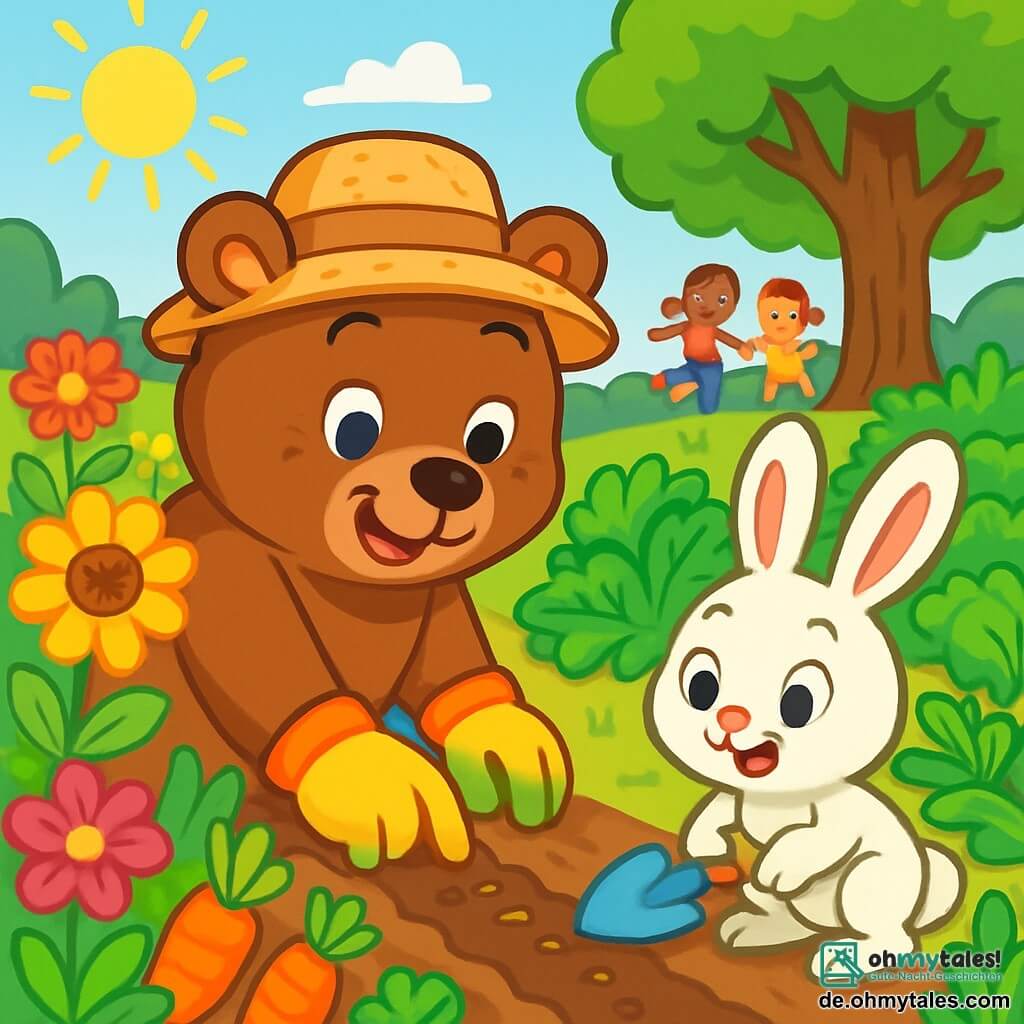 Ein fröhlicher Braunbär namens Bruno mit einem breiten Lächeln und funkelnden Augen pflanzt gerade Samen in einem sonnigen Garten. Er trägt einen kleinen Strohhut und bunte Gartenhandschuhe und ist von leuchtenden Blumen und grünen Gemüse umgeben. Neben ihm schaut ein kleiner weißer Hase namens Hoppel mit langen Ohren und neugierigen Augen aufmerksam auf die Samen, voller Aufregung. Er hat einen verspielten Ausdruck und hält eine kleine Schaufel in seinen Pfoten. Im Hintergrund erstreckt sich ein üppiger Garten, gefüllt mit bunten Blumen, ordentlich angeordnetem Gemüse und einem großen schattigen Baum, unter dem andere Kinder spielen und lachen. Die Szene strahlt eine Atmosphäre des Glücks und der Kameradschaft aus und zeigt den Spaß, gemeinsam in der Natur während der Sommerferien zu arbeiten.