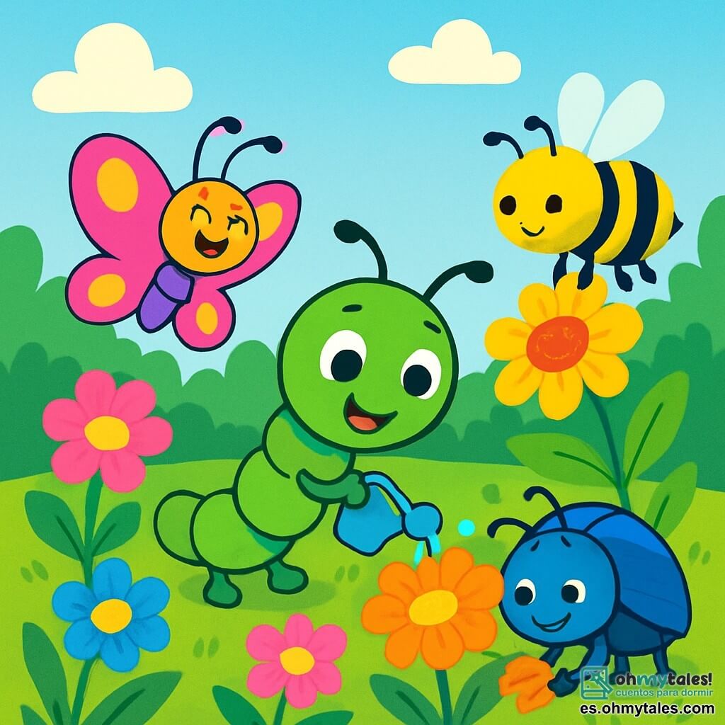 Un pequeño gusanito llamado Tito, con un cuerpo verde brillante y ojos chispeantes de curiosidad, está en el centro del jardín, sonriendo con entusiasmo. Está regando una flor colorida, moviendo sus pequeñas patas con alegría. A su lado, una mariposa llamada Lila, con alas multicolores y un rostro radiante de felicidad, vuela alrededor de las flores, animándolas con dulces palabras. Un poco más lejos, una abeja llamada Bibi, con rayas amarillas y negras brillantes, poliniza una flor, mostrando una expresión concentrada. Finalmente, un escarabajo llamado Pablo, con un caparazón brillante y antenas curiosas, se inclina para quitar las hojas secas, luciendo una sonrisa orgullosa. El lugar es un jardín exuberante, lleno de flores vibrantes en tonos de rosa, amarillo, azul y violeta, con hojas verdes brillantes y un cielo azul claro salpicado de nubes blancas. La escena principal muestra a Tito y sus amigos trabajando juntos con alegría para regar y cuidar las flores, creando una atmósfera de camaradería y felicidad en este jardín vibrante.