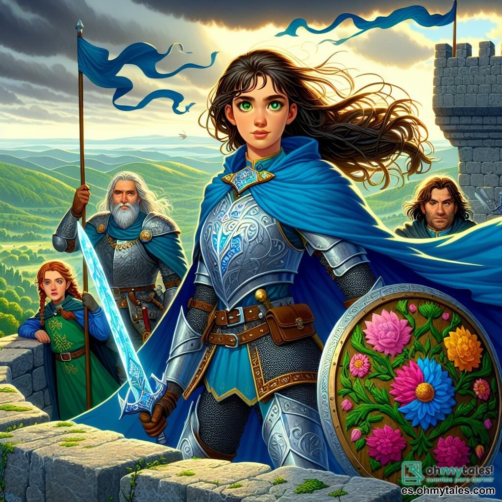Una intrépida caballera, Elayne, se erige orgullosamente sobre una muralla de piedra, con su capa azul ondeando al viento. Sus ojos verdes brillan con una ardiente determinación, y su armadura reluciente refleja la luz del sol naciente. Empuña una espada brillante, lista para defender su reino. A su lado, Lysa, una joven escudera de 14 años con trenzas de cabello castaño, observa con admiración y valentía, sosteniendo un escudo decorado con motivos florales. Tarian, un hombre de unos 60 años, con barba gris y arrugas marcadas por la experiencia, se encuentra detrás de ellos, con el rostro grave pero orgulloso, observando el campo de batalla. El escenario es una fortaleza medieval, con muros de piedra rugosa y banderas ondeando, que domina un paisaje verde y ondulado. A lo lejos, nubes oscuras anuncian una tormenta, mientras que las siluetas de enemigos se dibujan en el horizonte. La escena principal muestra a Elayne, lista para llevar a sus compañeros a una batalla decisiva para salvar Valcorona, con una mezcla de esperanza y valentía iluminando su rostro.