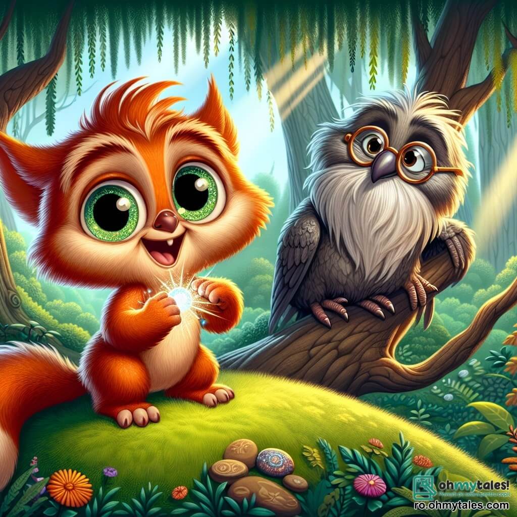 Un vulpix jucăuș numit Fifi, cu blana roșie strălucitoare și ochi plini de curiozitate, stă în vârful unei coline verzi, ținând o piatră mică strălucitoare în labele din față. Zâmbește larg, plin de mândrie și entuziasm. Lângă el, o bufniță bătrână și înțeleaptă, cu ochelari mari și pene gri, plutește în aer, privind cu admirație și încurajare. Decorul este o pădure fermecată, cu copaci majestuoși, flori colorate care dansează în vânt și raze de soare care pătrund prin frunze, creând o atmosferă magică. Fifi descoperă piatra magică, iar bufnița îl încurajează, sărbătorind momentul în care Fifi realizează că este un erou, pregătit să salveze pădurea cu noua sa putere.