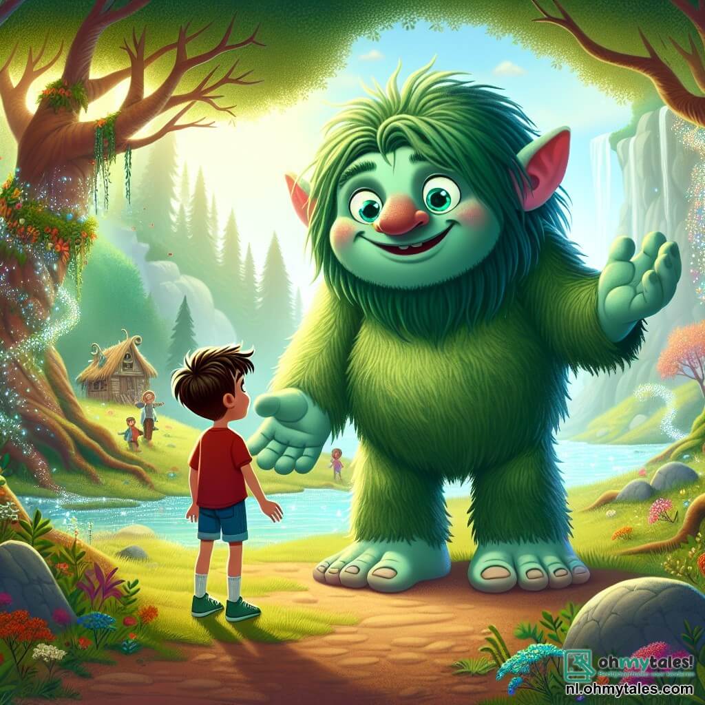 Een grote troll genaamd Trolly, met groene huid als mos, glanzende ogen als smaragden en een brede vriendelijke glimlach, staat in het midden van het toneel en steekt een vriendelijke hand uit naar een jonge jongen. De jongen, Max, zeven jaar oud, heeft rommelig bruin haar en draagt een rode t-shirt en blauwe shorts. Hij kijkt met verwondering naar Trolly, zijn ogen sprankelend van nieuwsgierigheid. De setting speelt zich af in een magische open plek, omringd door majestueuze bomen met dikke stammen en kleurrijke bloemen die dansen in de wind. Een glinsterende rivier kronkelt door het landschap en weerspiegelt het zonlicht. In deze scène legt Trolly aan Max uit dat ze op het punt staan de legendarische Kristallen Ster te ontdekken, een magische ster die aan een oude eik hangt, terwijl een zachte vogelzang om hen heen weerklinkt, wat bijdraagt aan de betoverende sfeer.