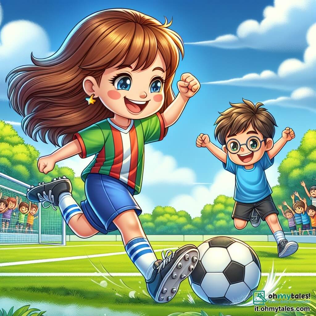 Una ragazza di 8 anni, Elisa, con lunghi capelli castani e occhi scintillanti di gioia, è al centro dell'immagine, sorridente e piena di energia, mentre calcia una palla da calcio con determinazione. Indossa una maglietta colorata e pantaloni corti, le sue scarpe da ginnastica sono leggermente impolverate, testimoniando il suo entusiasmo sul campo. Accanto a lei, Marco, un ragazzo di 8 anni con capelli castani e occhiali rotondi, la incoraggia con un grande sorriso, sollevando le braccia in aria per celebrare il momento. Indossa una maglietta blu e pantaloni corti neri, e si tiene leggermente in disparte, pronto ad applaudire la sua amica. Sullo sfondo, si vede un parco verdeggiante, con alberi maestosi e un cielo blu punteggiato di nuvole bianche. Il campo da calcio è ben delimitato, con linee bianche e spettatori entusiasti che applaudono. La scena principale mostra Elisa mentre calcia in porta, concentrata e piena di determinazione, mentre la palla vola verso la rete, simboleggiando lo spirito di squadra e l'entusiasmo dello sport.