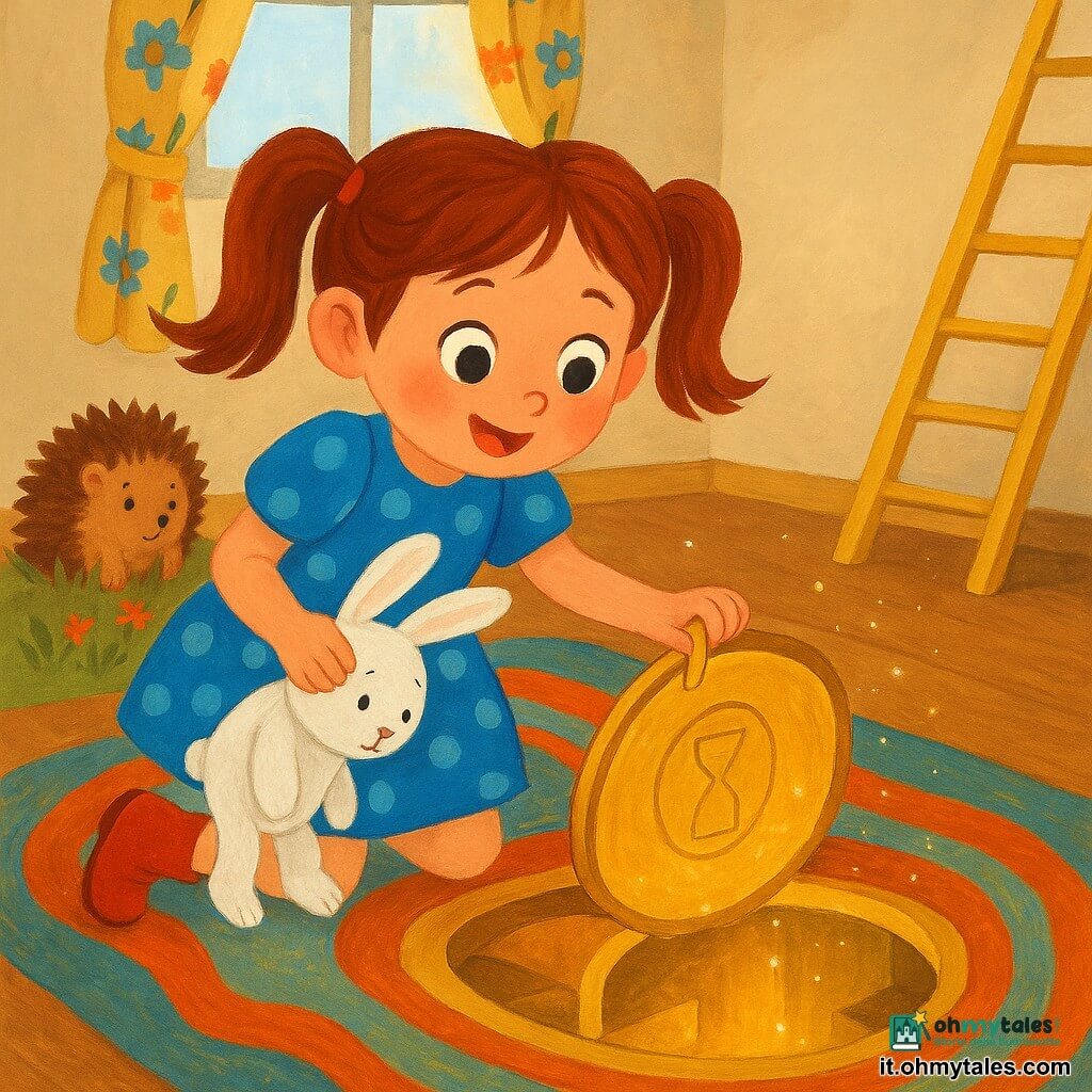 Una bambina di 6 anni, gioiosa e meravigliata, capelli castani a coppie, vestito a pois blu e stivaletti rossi, tiene la maniglia di una piccola botola dorata e guarda in basso con occhi grandi e luminosi; un coniglio di peluche bianco di nome Milo, morbido e un po' consunto, è preso per mano e inclina la testa curioso; sullo sfondo a sinistra spunta un riccio timido tra un ciuffo d'erba fiorita; la scena è un salotto caldo visto in pianta: tappeto colorato sollevato che rivela una botola rotonda con una clessidra incisa, pareti color crema, finestra soleggiata con tende a fiori e una scala dorata che scende verso una rampa illuminata da lucine multicolori; momento di scoperta: la bambina apre la botola segreta sotto il tappeto e comincia a scendere con Milo, luce dorata e polvere di stelle fluttuano nell'aria, atmosfera magica e rassicurante, colori vivaci e tratti morbidi.