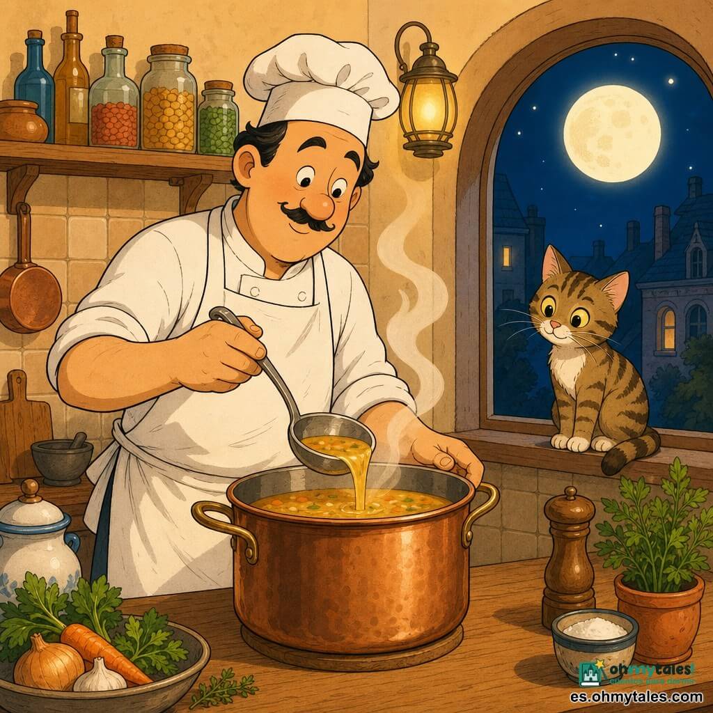 Un hombre, el chef Tomás, sonriente con bigote fino, alto, con delantal blanco ligeramente arrugado y toca corta, vierte una sopa humeante en una gran olla de cobre en el centro de la mesa; una gatita atigrada curiosa en el alféizar derecho, cola enroscada, mira la olla; cocina cálida y simple con madera clara, azulejos beige, luz amarilla suave, estantes con frascos de colores y una ventana circular mostrando la luna brillante; ambiente nocturno y tranquilo, vapor en suaves volutas, colores cálidos, contornos nítidos, estilo infantil, composición centrada en el chef y la olla.