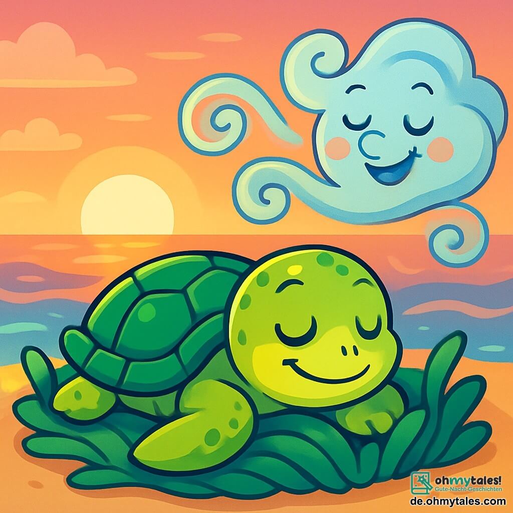Eine kleine Schildkröte namens Liva, mit einem glänzend grünen Panzer und neugierigen Augen, liegt auf einem weichen Kissen aus Algen, mit einem friedlichen Lächeln im Gesicht. Sie atmet tief ein, umgeben von einer ruhigen und entspannenden Atmosphäre. Neben ihr scheint ein sanfter Wind, dargestellt durch wirbelnde, sanfte Farben, um sie zu tanzen, mit einem freundlichen und fröhlichen Ausdruck. Im Hintergrund färbt sich der Himmel in Rosa- und Orangetönen, während die Sonne langsam über einem ruhigen Meer untergeht, wo sanfte Wellen Geschichten murmeln. Liva bereitet sich darauf vor, einzuschlafen, gewiegt vom Gesang der Wellen und dem beruhigenden Atem des Winds, in einer magischen und friedlichen Umgebung, die zur Entspannung und zu Träumen einlädt.