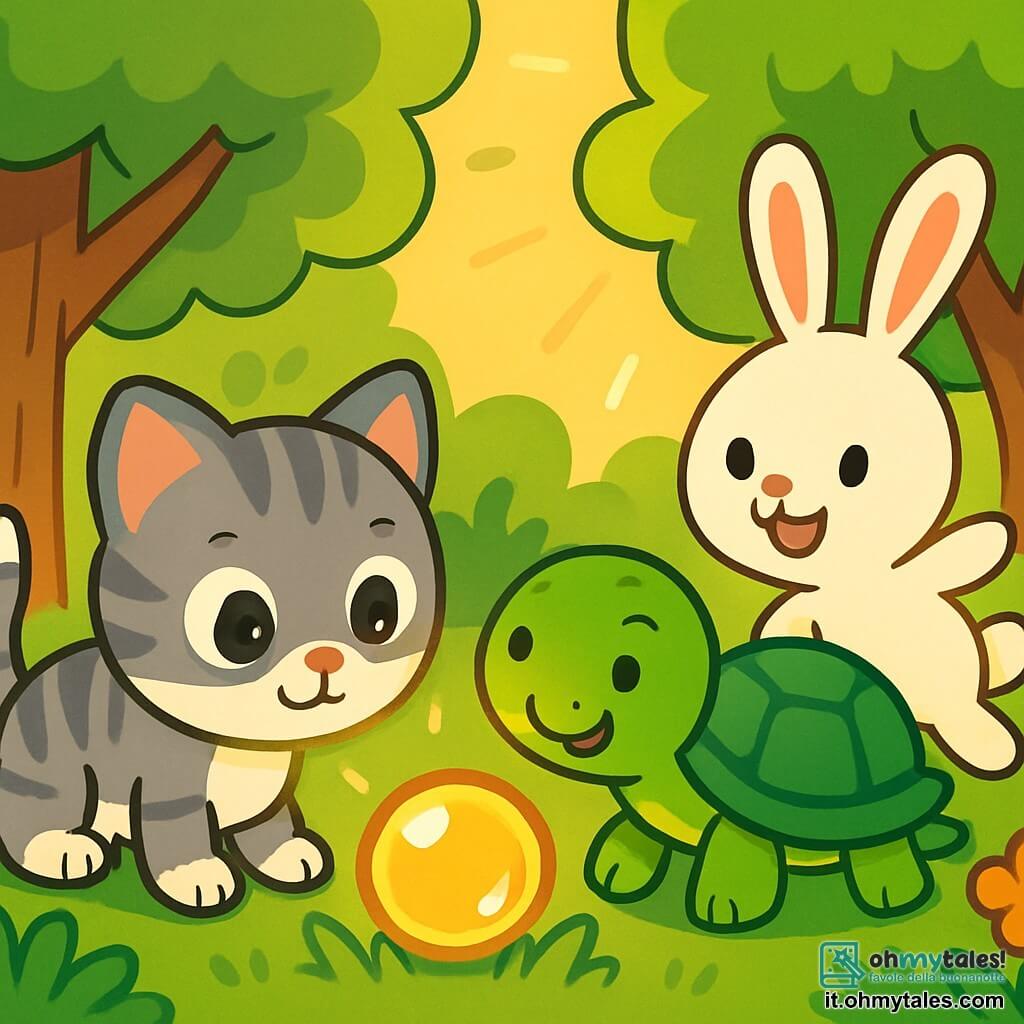 Un gattino di nome Miao, con un pelo morbido e striato di grigio e bianco, esprime grande curiosità con i suoi grandi occhi tondi e brillanti. È accovacciato nell'erba verde, con le orecchie ritte, mentre guarda una bella palla di vetro che brilla al sole. Accanto a lui, una saggia tartaruga di nome Tarta, con un guscio verde e occhi furbi, avanza lentamente, sorridendo e osservando Miao. Un coniglietto di nome Binky, con grandi orecchie e pelo bianco, salta gioiosamente vicino a loro, pronto ad aiutarli nella loro ricerca. La scena si svolge in una foresta incantata, con alberi maestosi e foglie verdi, fiori colorati sparsi sul terreno e raggi di sole che filtrano tra i rami. Miao, Tarta e Binky sono in cerca della palla di vetro che è rotolata tra i cespugli, i loro volti illuminati dall'eccitazione dell'avventura.