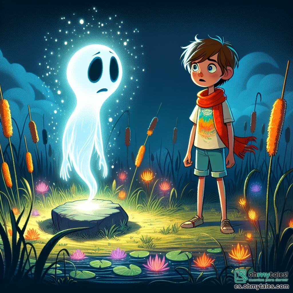 Un fantasma luminoso y translúcido, llamado Fantasmo Lúcido, flota con una expresión melancólica en su rostro, sus ojos brillantes reflejan un destello de esperanza. Tiene una silueta etérea, con contornos borrosos, y filamentos de luz que bailan a su alrededor, como estrellas en la noche. A su lado, un niño de diez años llamado Leo, con el cabello castaño alborotado y una gran bufanda roja alrededor del cuello, mira al fantasma con determinación. Leo lleva una camiseta colorida y un pantalón corto, y se mantiene firme, listo para ayudar a su amigo. Su entorno es un marjal misterioso, envuelto en una espesa niebla que se levanta del suelo, revelando juncos de colores vivos y flores brillantes que emergen del agua. Sombras bailan a su alrededor, creando una atmósfera mágica e intrigante. La situación principal muestra a Leo y Fantasmo Lúcido frente a la Piedra del Destino, una piedra brillante sobre un pedestal de musgo, emitiendo una luz dorada que ilumina la luna. Están a punto de tocar la piedra juntos, uniendo sus fuerzas para restaurar el equilibrio del marjal.