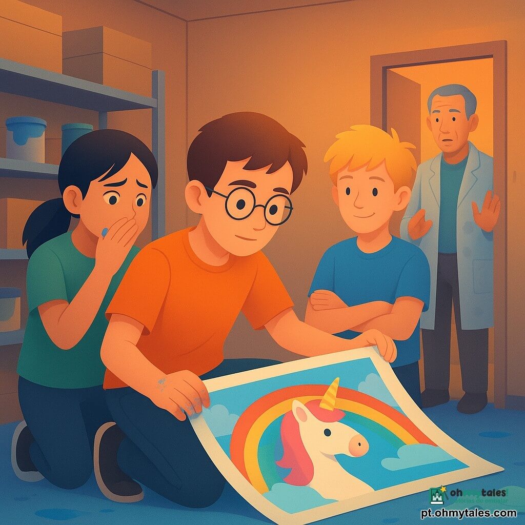 Um menino de 12 anos, rosto fino, cabelo castanho curto e óculos redondos, concentrado e aliviado, segura delicadamente um tubo de cartão com um grande poster colorido meio desenrolado; está agachado, mãos limpas com manchas de tinta azul. À esquerda, uma menina de cerca de 11 anos (Inês), cabelo preto em rabo de cavalo, sobrancelhas franzidas que passam para alívio, está em pé, olhando o poster e cobrindo quase a boca com a mão. À direita, um menino de cerca de 11 anos (Martim), cabelo loiro desgrenhado, sorriso discreto e postura relaxada, braços cruzados, observa como um aliado divertido. Ao fundo, um homem na casa dos cinquenta (senhor Nuno), cabelo grisalho curto e bata de trabalho manchada de tinta, junto a uma porta entreaberta, mãos ligeiramente levantadas em gesto de desculpa. A sala é uma pequena oficina de manutenção com prateleiras metálicas e caixas de cartão, potes de tinta abertos, panos, iluminação quente e vestígios de tinta azul no chão e numa tábua. Cena: os jovens investigadores reencontraram o poster desaparecido no tubo; descoberta e troca calma, tensão dissipada, atmosfera de ajuda e alívio. Cores dominantes: luz quente com acentos de azul e verde; texturas de cartão, metal e madeira. Estilo gráfico: linhas nítidas, sombras suaves em degradê, expressões faciais claras, composição centrada nas crianças e no poster.
