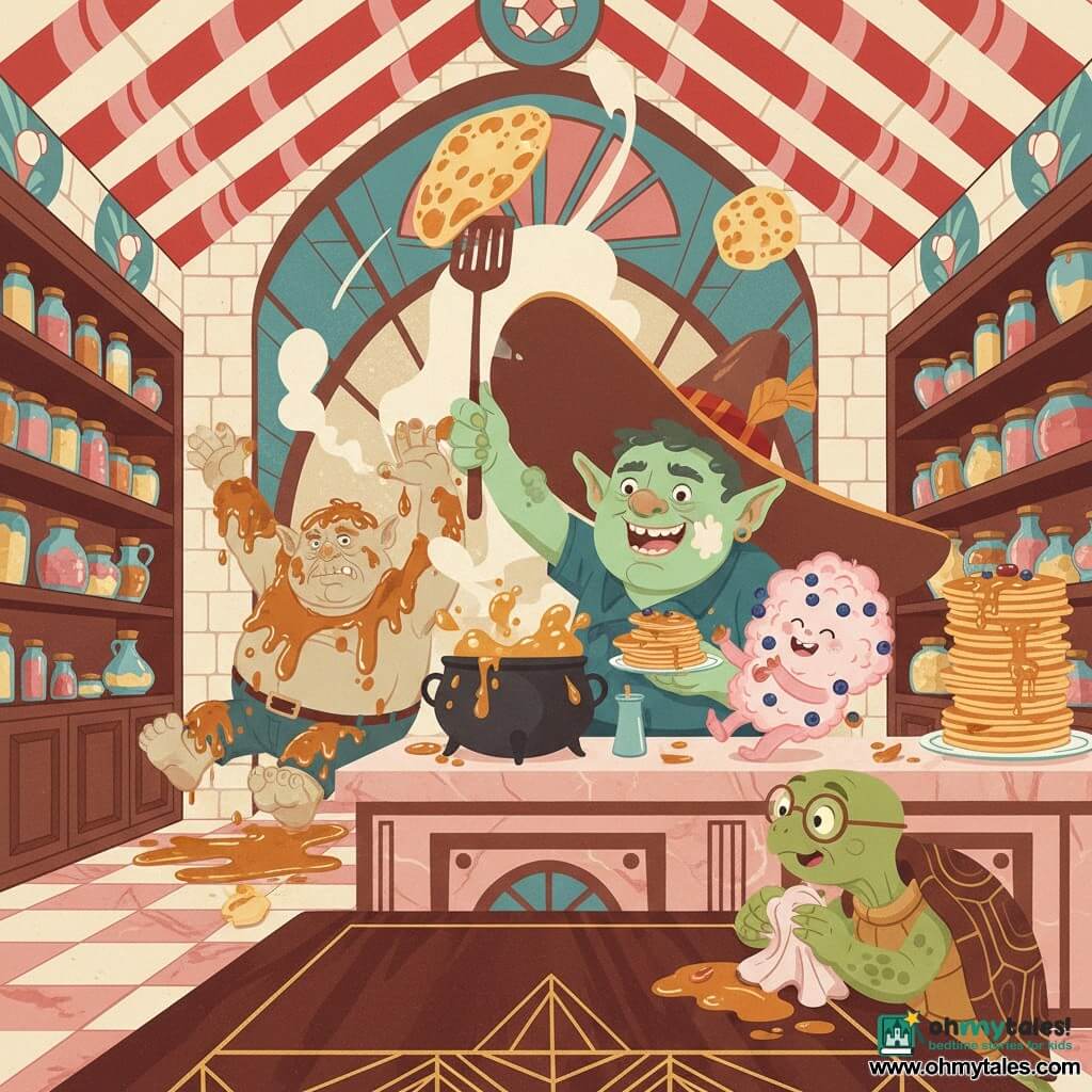 Olly, a cheerful mint-green ogre with an oversized floppy hat, wide smile and sparkling eyes, flips a giant pancake with a large spatula, a big flour smudge on his cheek; Fuzzy, a small cotton-candy-colored Fluffernutter with berry-sticky fur, bounces on the counter laughing and holds an overflowing plate; Blunderbuss, a clumsy syrup-covered ogre, slips on the sticky floor in the background with a contrite but amused grimace; Gertie, an old turtle with round glasses, sits at the big wooden table wiping syrup from her paws with a cloth, amused; the village kitchen is fantastical—white marshmallow brick walls, red-and-white striped candy-cane roof, shelves of colorful jars, a bubbling syrup cauldron and a cloud of flour in the air; overall joyful pancake-making chaos—flour puffed into clouds, syrup flowing like a little wave, stacked pancakes and one stuck to the ceiling—warm, bright, very colorful, comic expressions and dynamic movement