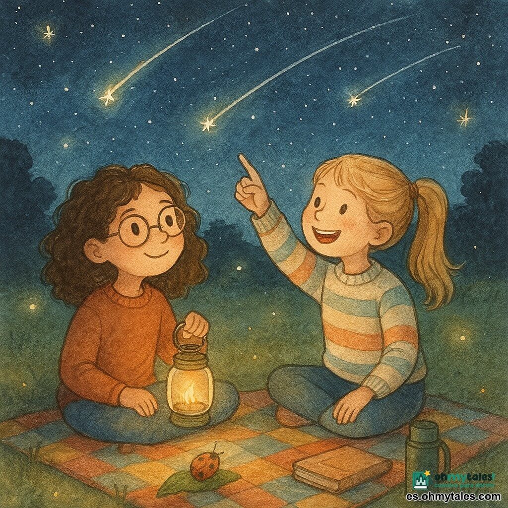 Hay 2 personajes principales: - Lía, una niña de 9 años con cabello castaño rizado y gafas redondas, sostiene una pequeña linterna en su mano derecha. Está sentada sobre una manta de lana con patrones coloridos, mirando el cielo estrellado con asombro. - Mara, una niña de 9 años con cabello rubio recogido en una cola de caballo, lleva un suéter a rayas y está sentada al lado de Lía. Señala una estrella fugaz en el cielo, sonriendo con entusiasmo. El lugar es un campo abierto bajo un cielo nocturno lleno de estrellas brillantes. Árboles oscuros bordean el campo y algunas luciérnagas danzan alrededor de las niñas, añadiendo un toque de magia a la escena. Una manta está extendida sobre la hierba suave, con un termo y un cuaderno de deseos encima. La situación principal muestra a Lía y Mara compartiendo un momento de descubrimiento y valentía bajo la lluvia de estrellas fugaces. Lía, superando su miedo a la oscuridad, ilumina suavemente el suelo con su linterna, revelando una pequeña mariquita sobre una hoja. Las estrellas fugaces cruzan el cielo dejando estelas luminosas, mientras las niñas ríen e intercambian deseos secretos.