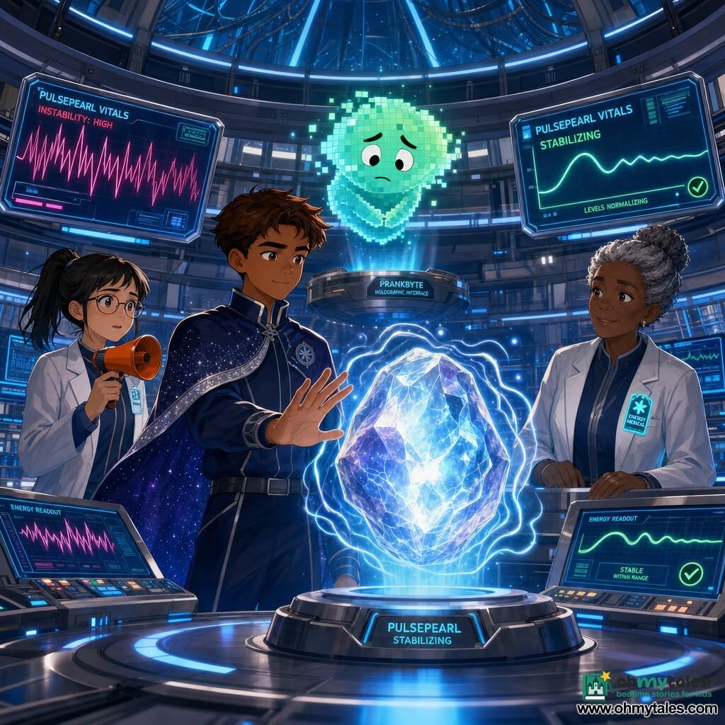 A teenage boy (about 16) in a midnight-blue suit with thin silver lines and a short wide-starred cape smiles softly with focused eyes and short brown hair as he reaches toward a large glowing floating stone called the PulsePearl to calm it; beside him Mina (about 15), with black ponytail, thin glasses and a light lab jacket, holds a small orange megaphone and watches the stone with worried confidence near a control panel; Dr. Lumen (about 45), gray hair in a bun and a white coat with a lighted badge, stands by a metal touch console relieved and attentive; above a console floats a playful pixelated hologram (PrankByte) with a neon-green face and sheepish expression; the scene is a round hospital energy room of glass and polished metal with a transparent dome ceiling showing blue cables and light rings, bright consoles and blue light tubes on the floor; the boy calms the PulsePearl, which emits blue-and-white waves that soothe as medical staff and the tech girl watch and screens show smoothing curves, in a vivid colored-ink style with crisp lines, blue and silver palette with warm accents, soft facial textures, strong lighting contrast on the stone and holograms, composition centered on the stone and the hero’s hand.