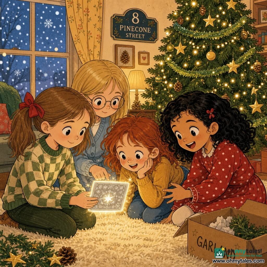 Four 7-year-old girls gather around a slightly glowing silver card on the cream rug of a warm living room at 8 Pinecone Street: Mia, light brown hair in tidy pigtails with red bows, wearing a green-and-cream plaid sweater, sits left of the tree holding the open card; Lila, curly black hair and a bright smile in a red polka-dot dress, reaches toward the card laughing, seated to Mia’s right; Nora, straight blonde hair, pale blue cardigan and round glasses, leans behind them touching the card’s corner as if listening; Zoe, tousled red hair in a mustard sweater and jeans, leans forward at center foreground to see better. A large, lush Christmas tree decorated with green garlands, golden stars and warm twinkling lights stands to the right, a box labeled GARLAND sits open nearby, snow falls outside the window, and the scene has a cozy, warm interior glow contrasting the cold blue outside, rendered in a simple, expressive comic style.