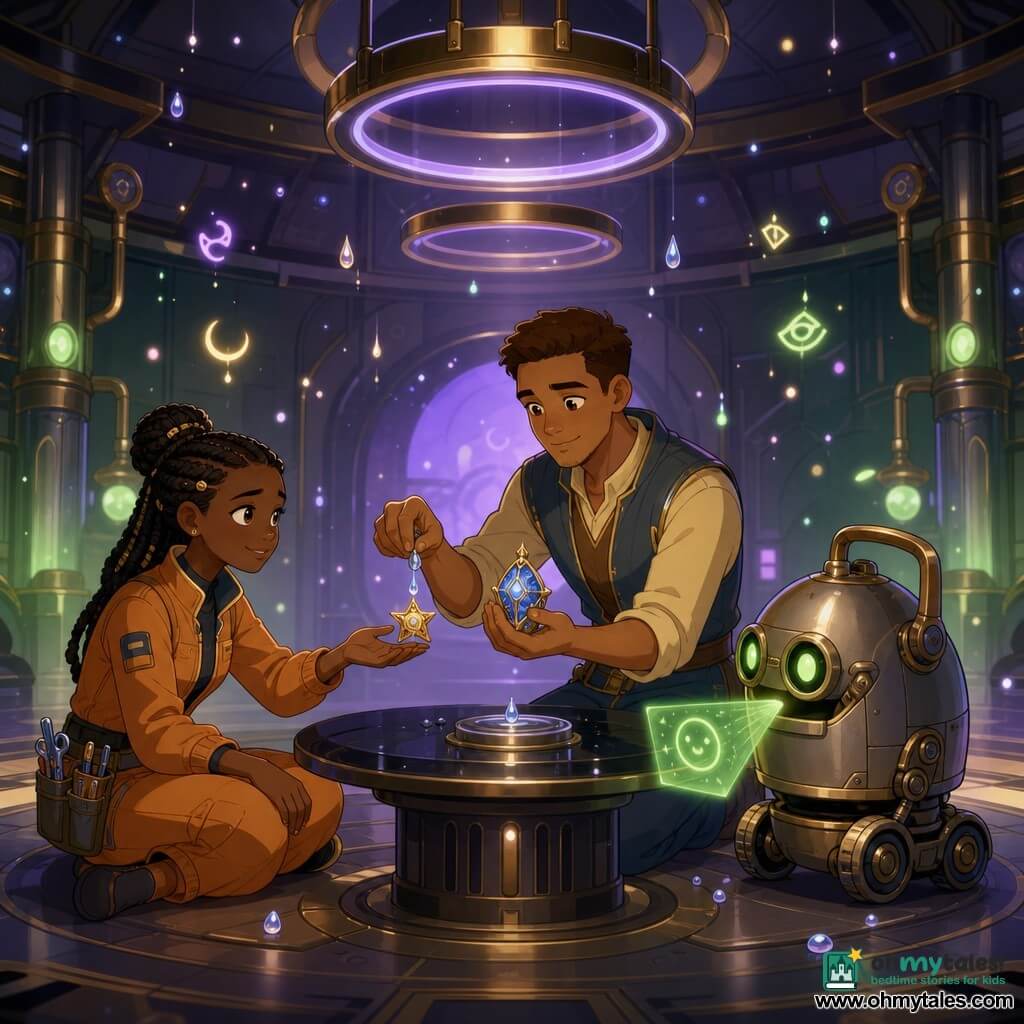 Adult man (Jalen) kneeling, calm and focused, short brown hair, simple silver uniform with pale blue accents, delicately holding a small blue-and-gold glowing crystal talisman; a junior female technician, about 16, braided hair, orange jumpsuit with tool pockets, sitting on the floor to his left, relieved and smiling as she reaches for a small star-shaped medallion he helped repair; a kettle-shaped maintenance robot on wheels with polished metal shell and green lenses to the right, projecting a small hologram; technical sanctuary: large round room with curved metal walls, shiny pipes, floating rune-lights like fireflies, suspended light rings above a central dark glass table, purple-and-green ambient light and suspended moonwater droplets; main action: Jalen applies a drop of silvery liquid and the talisman calms from frantic buzzing to a steady blue-gold glow; centered composition, saturated colors, simple shapes, childlike vector style, clean lines and soft contrasts.