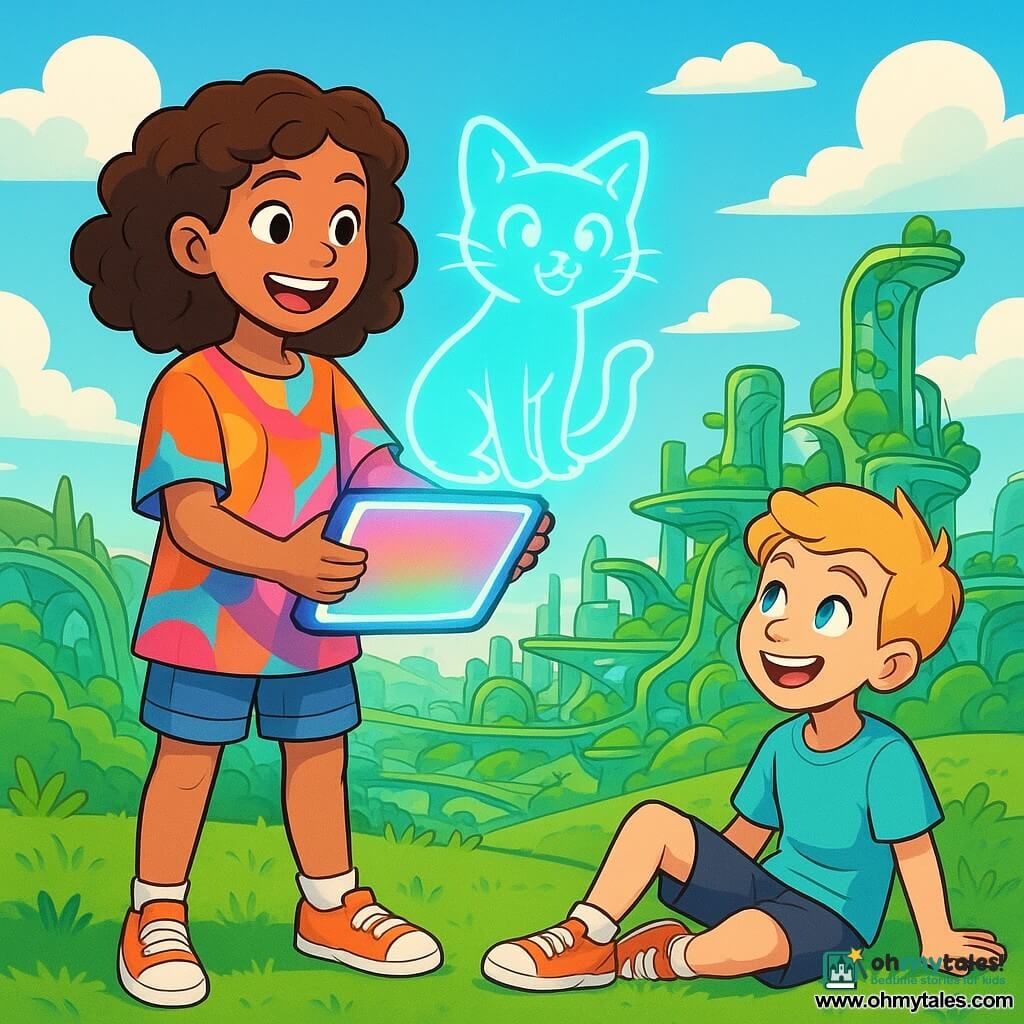 A 12-year-old girl, Maya, with curly brown hair, smiling and full of enthusiasm, stands in a green meadow on a rooftop, holding a small glowing sign in her hands. She wears a colorful tunic and shorts, with sneakers ready for adventure. Next to her, Leo, a 12-year-old boy with blond hair and sparkling eyes, sits on the grass, laughing and curiously watching the sign. In the background, the sky is a bright blue, dotted with fluffy white clouds, while the futuristic city of Verdant Rise stretches below, featuring organic-shaped buildings, hanging gardens, and floating walkways. The main scene shows Maya activating the glowing sign, which emits a soft colorful glow, as a friendly cat hologram appears, creating a joyful and magical atmosphere.