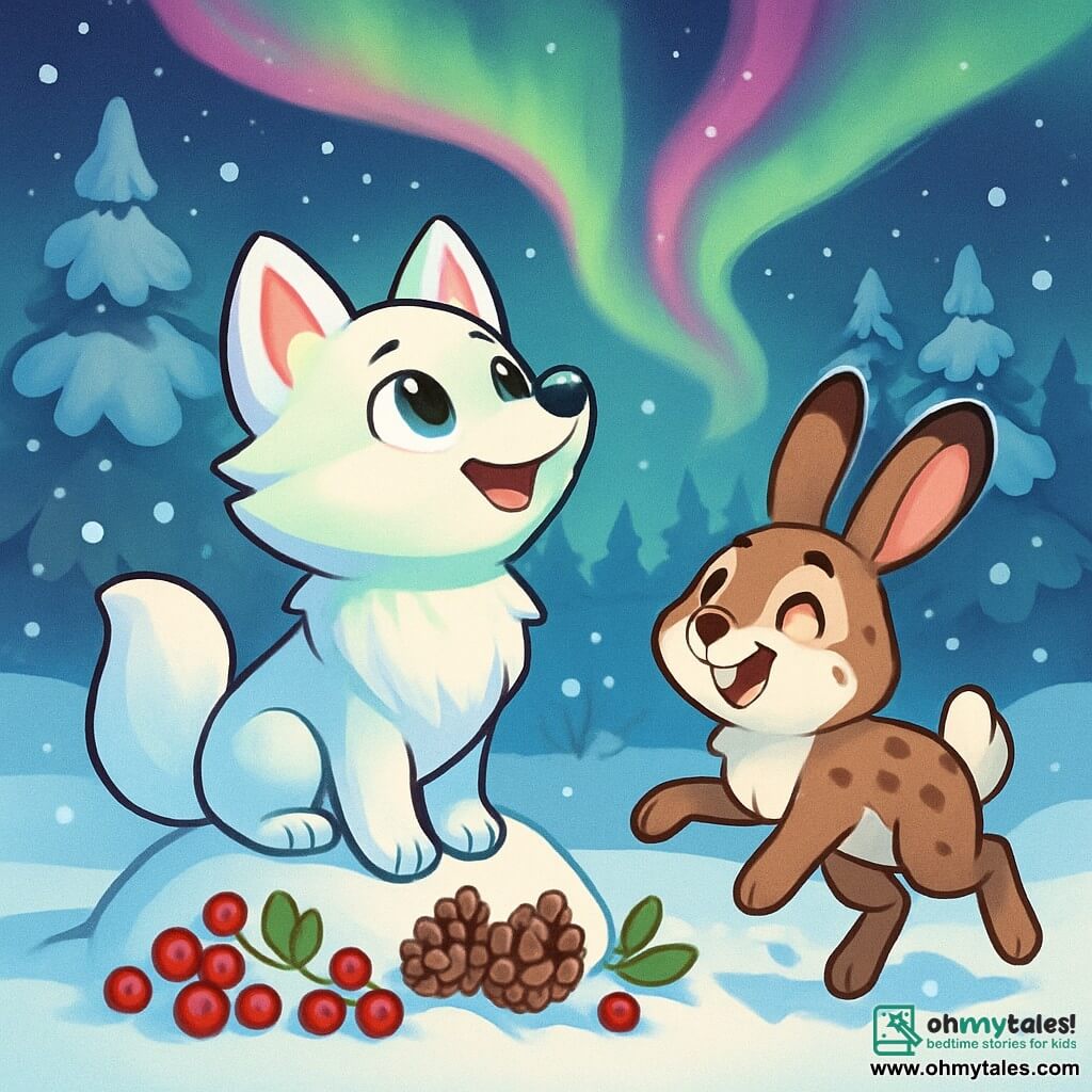 Lumi, a young Arctic fox with bright blue eyes and dazzling white fur, is full of enthusiasm and curiosity. She stands on a small snow mound, her nose lifted towards the sky, mesmerized by the dancing northern lights above her, which illuminate her face with a soft green and pink glow. Beside her, Pip, a snow hare with large ears and brown fur speckled with white, joyfully hops in the snow, his expression filled with joy and excitement. He is slightly behind, looking at Lumi with a radiant smile, ready to help her create their winter artwork. The setting is an enchanting winter landscape, with trees covered in sparkling snow, snowflakes gently falling from the sky, and a thick layer of pristine snow that glistens under the northern lights. The main scene shows Lumi and Pip gathering treasures from the forest, like red berries and pine cones, to create a beautiful artwork inspired by the vibrant colors of the northern lights.