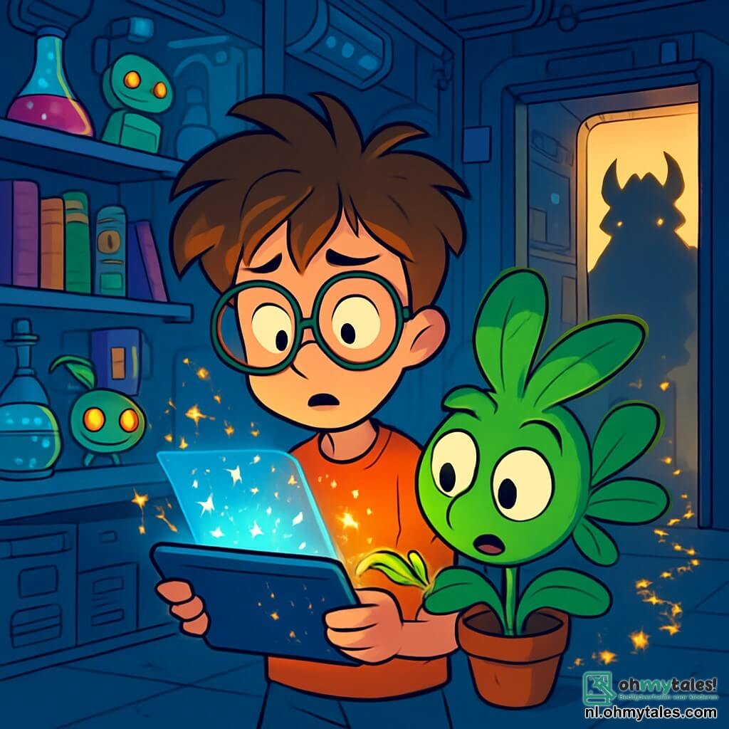 Een 10-jarig jongen, Zyro, met tousled haar en oversized brillen die van zijn neus glijden, kijkt met grote, bezorgde ogen. Hij houdt een klein, stralend tablet vast dat glinsterende hologrammen projecteert. Naast hem leunt Karel, een pratende plant met felgroene bladeren en ronde ogen, nieuwsgierig naar voren en laat kleine vonkjes magie ontsnappen. De scène speelt zich af in een futuristisch laboratorium vol vreemde gadgets: kleurrijke flacons, zoemende machines en muren bedekt met heldere grafieken. Planken puilen uit met boeken met glanzende covers en miniatuurrobots. Zyro en Karel onderzoeken een pad van kleine gouden vonkjes dat naar de deur van het laboratorium leidt, waar een mysterieuze schaduw zich aftekent. De sfeer is gespannen en magisch, vol mysterie en opwinding, terwijl ze zich voorbereiden om het spoor van Glittersnuit, de robotdraak, te volgen.