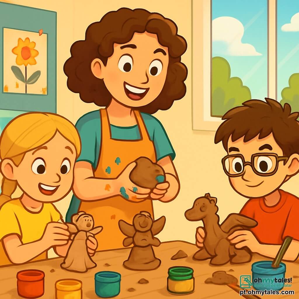 Clara, uma artista com cabelos castanhos cacheados e olhos brilhantes de alegria, está em pé diante de uma grande mesa de madeira, com as mãos cobertas de tinta colorida. Ela sorri entusiasticamente, segurando um pedaço de argila, pronta para mostrar às crianças como criar esculturas. Sofia, uma menina de 8 anos com cabelos loiros trançados e um sorriso radiante, está sentada ao seu lado, concentrada em fazer uma pequena fada de argila, com os olhos brilhando de excitação. Lucas, um menino de 9 anos com óculos e cabelos castanhos bagunçados, está um pouco mais longe, moldando um dragão, seu rosto marcado pela determinação. A cena ocorre em uma sala de aula iluminada, com paredes decoradas com desenhos coloridos e janelas que deixam entrar a luz do sol, iluminando os rostos das crianças. Potes de tinta e pincéis estão espalhados pela mesa, criando uma atmosfera criativa e alegre. Clara explica com paixão como transformar a argila em obras de arte, enquanto as crianças, absorvidas em seu trabalho, dão livre curso à sua imaginação, criando esculturas únicas e fantásticas.