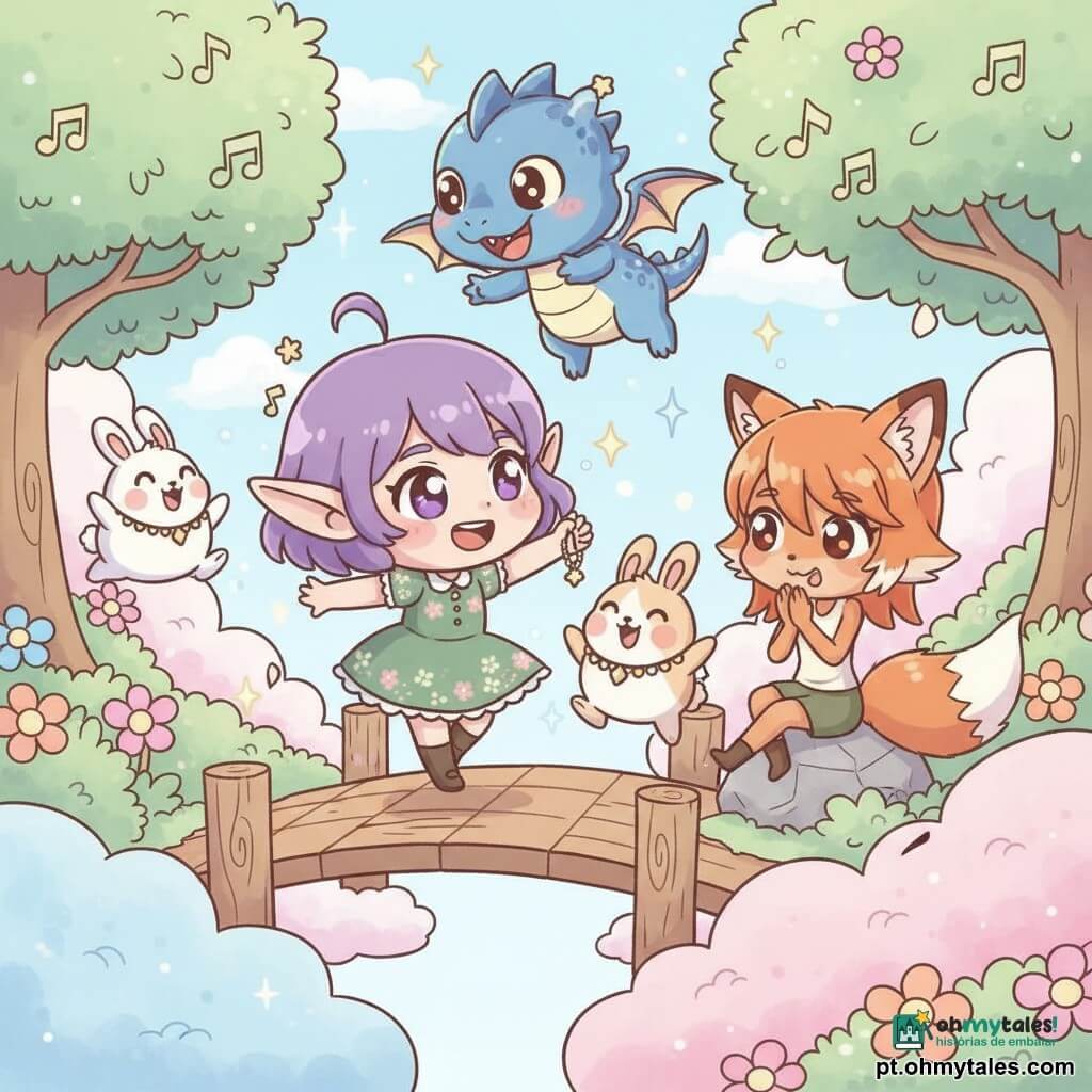 Lila é uma elfa menina, alegre e aliviada, cabelos curtos violeta, orelhas pontudas, veste um vestido verde com pequenas flores, segura um pequeno colar brilhante e sorri pulando; Pipoca é um pequeno dragão menino azul vivo com escamas cintilantes e olhos travessos, voa acima de Lila batendo as asas e ri; três coelhinhos arredondados e fofos, brancos e bege, usam cada um o colar como um enfeite e saltitam rindo; Rúbia é uma raposa menina ruiva, esguia e travessa, sentada numa pedra próxima aplaudindo; o local é a Ponte das Nuvens, uma passarela de madeira suspensa sobre nuvens rosas e azuis com flores luminosas e árvores cujas folhas parecem notas musicais; cena de entrega do colar mágico após uma competição de saltos, com clima festivo, cores pastel, gestos dinâmicos, confetes e pequenas estrelas.
