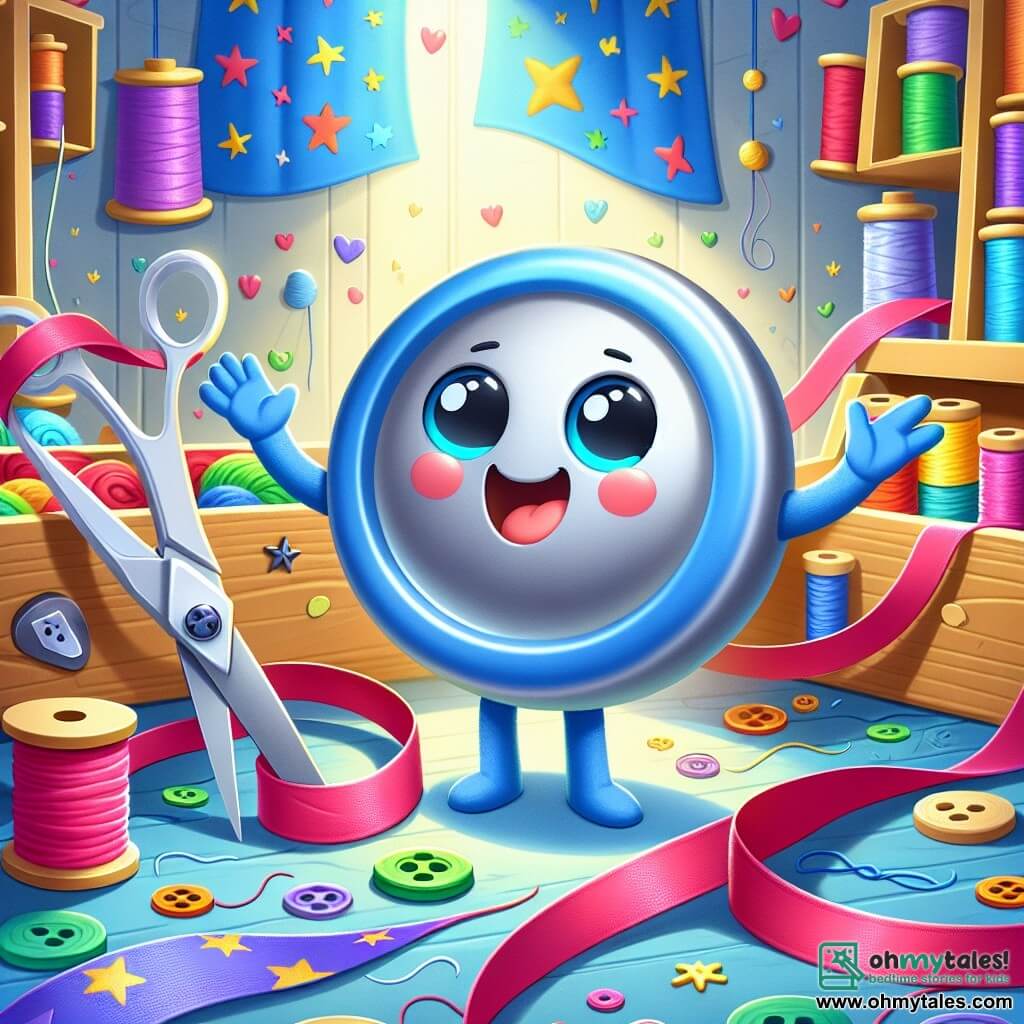 A smiling button with bright eyes and a smooth texture stands at the center of the scene, arms open, expressing great joy and determination. It is surrounded by colorful threads dancing around it, symbolizing unity. To its right, a vibrant ribbon, decorated with star and moon patterns, joyfully wraps around a small pair of scissors, showing curiosity and enthusiasm while attentively listening to the button. The scissors, with silver blades and a slightly grumpy face, appear intrigued but begin to smile, standing slightly back, ready to join the conversation. The scene takes place in a bright sewing drawer filled with colorful fabrics, spools of thread, and sewing tools. The drawer's walls are adorned with sewing patterns, and soft light filters through a small hole, creating a warm and welcoming atmosphere. The button and ribbon passionately discuss the importance of equality and the value of each fabric, while the scissors listen, eager to understand how it can contribute to this beautiful mission.