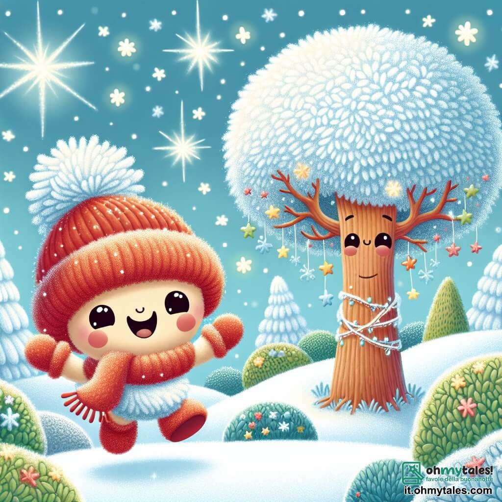 Un piccolo omino di lana colorata, con un grande sorriso e occhi scintillanti, sta saltando gioiosamente in un giardino innevato, circondato da fiocchi di neve luccicanti. Indossa un cappello di lana rossa con un pompon bianco e guanti abbinati, e sembra pieno di energia e entusiasmo. Accanto a lui, un grande albero con rami carichi di neve, con un volto amichevole e occhi dolci, guarda l'omino con un sorriso benevolo, scuotendo leggermente i rami come per incoraggiarlo. Il giardino è un paesaggio invernale magico, con dolci colline coperte di neve brillante, cespugli dalle forme arrotondate e stelle scintillanti nel cielo blu chiaro. La scena principale mostra l'omino di lana e l'albero che collaborano gioiosamente per raccogliere rami e foglie, creando un grande mucchio per preparare la loro casa per l'inverno, divertendosi nella neve.
