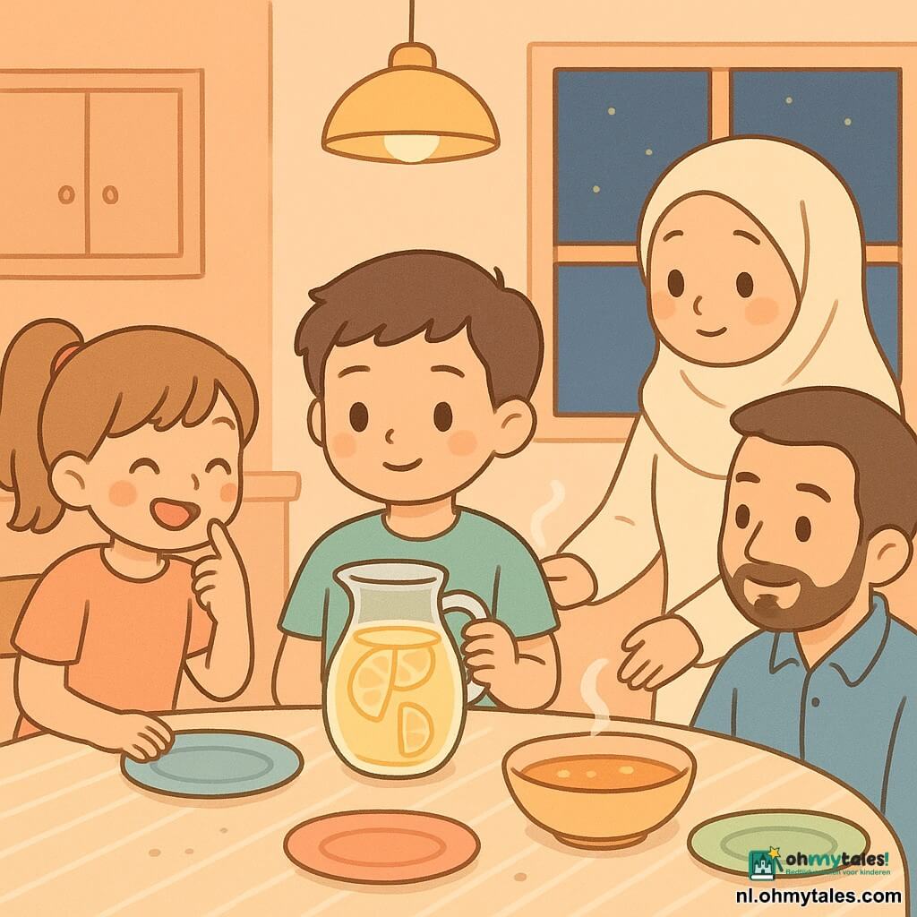 Een warme iftar-scène in een schemerende keuken: een kalme, vrolijke 12-jarige jongen met rond gezicht, grote heldere ogen, licht gebruinde huid en kort bruin haar houdt een glazen karaf met zichtbare schijfjes citroen en kijkt zacht glimlachend naar de tafel; links zit Nora, ongeveer 9, lichtbruin haar in een staart, ondeugende blik, ze lacht en wijst naar een klein confituurvlekje op zijn wang; rechts staat de vader (±40) met korte baard en blauwe hemd die geruststellend een hand op de rug van de jongen legt; achter de tafel staat de moeder (±38) met licht crèmekleurig hoofddoekje en zet een dampende kom soep in het midden. De keuken is warm met perzikkleurige muren, zachte gouden lampverlichting, een raam met donkerblauwe lucht, een licht houten tafel met gestreept tafelkleed, kleurrijke borden en een lichtgele karaf centraal; de tafel is half gezet met enkele lege stoelen om afwezigheid te tonen. Sfeervol en gastvrij, met soepstoom, kruimels op het kleed, druppels op het glas en goed zichtbare citroenschijfjes. Visuele stijl: eenvoudige lijnen, afgeronde contouren, warme pastelpalette (geel, perzik, marineblauw, muntgroen), zeer zachte schaduwen en minimalistische texturen, compositie gecentreerd op de karaf en de jongen.