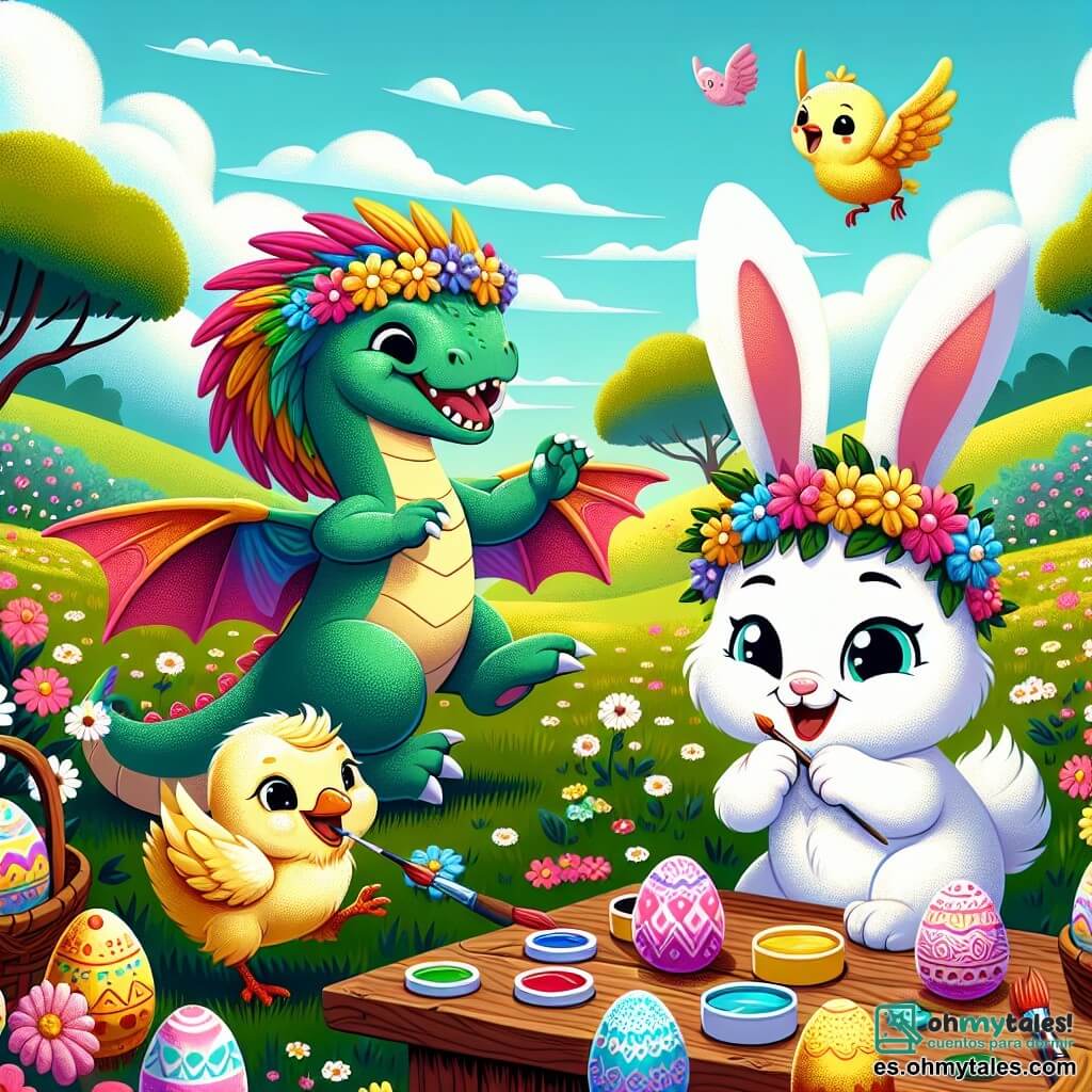 Un pequeño dragón llamado Dino, con escamas de colores como un arcoíris, sonríe alegremente llevando una corona de flores en la cabeza. Salta de felicidad en un campo verde. A su lado, una conejita llamada Luna, con pelaje blanco y grandes orejas, baila riendo, con un gran lazo rosa en el pelo. Un pequeño pollito llamado Pip, con plumas amarillas y un pequeño abrigo dorado, pinta huevos coloridos en una mesa de madera, con los ojos brillantes de emoción. El escenario es un campo en flores, con árboles majestuosos y un cielo azul salpicado de nubes blancas. La escena muestra la alegría de preparar el desfile de Pascua, lleno de colores y amistad.