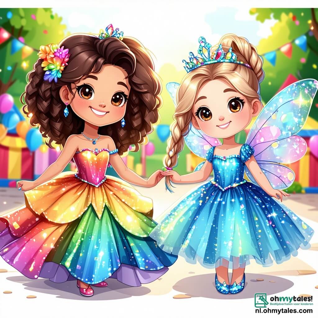 In een vrolijke carnavals scène danst Lotte, een achtjarig meisje met krullend bruin haar en een grote glimlach, in een prachtige regenboog prinsessenjurk met kleine spiegels die in de zon schitteren. Naast haar staat haar beste vriendin Noor, ook acht jaar oud, met gevlochten blond haar in een glinsterende feeënoutfit met vleugels en een roze tule rok. Samen dansen ze vrolijk in het midden van de scène, omringd door kleurrijke confetti die uit de lucht valt. Achter hen beweegt Draakje Pompom, een grote kleurrijke ballonnen-draken met sprankelende ogen en een vriendelijke glimlach, met zijn grote vleugels. De feestlocatie is een groot plein met geplaveide straten versierd met lichtslingers en zwevende ballonnen. Achtergrond toont stands met kleurrijke lekkernijen zoals snoep en popcorn, terwijl een vrolijke menigte applaudisseert en danst, wat een feestelijke en magische sfeer creëert. De hoofdscène toont Lotte en Noor, hand in hand, dansend met Draakje Pompom in het midden van de parade, onder een stralende blauwe lucht, terwijl kleurrijke vuurwerk boven hen explodeert en hun verwonderde gezichten verlicht.