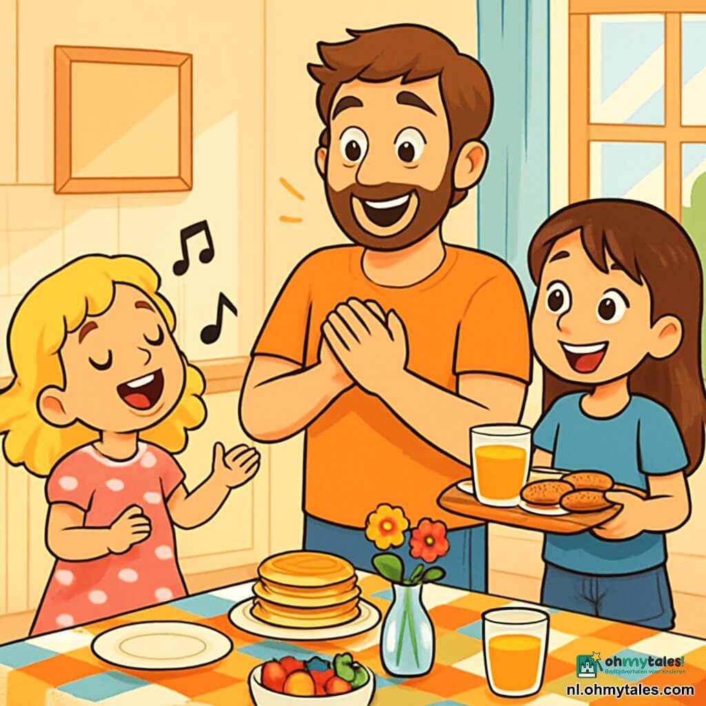 Er zijn 3 personages: - Lotte: een 8-jarig meisje met krullend blond haar, in een roze jurk met witte stippen. Ze staat links, glimlachend en zingt vrolijk. - Emma: een 8-jarig meisje met steil bruin haar, gekleed in een blauwe t-shirt en een spijkerbroek. Ze staat rechts van Lotte, houdt een dienblad met koekjes en een glas sinaasappelsap vast, met een grote glimlach. - De vader: een man van ongeveer 35 jaar, met kastanjebruin haar en een lichte baard, in een casual t-shirt en een broek. Hij staat in het midden, kijkt naar zijn dochters met verwonderde ogen, klaar om hun verrassing te ontvangen. De locatie is een lichte en uitnodigende keuken, met een grote houten tafel, ramen die zonlicht binnenlaten, en een mooi gedekte tafel met een kleurrijke tafelkleed. Op de tafel staan borden met pannenkoeken, een kom met vers fruit en een mooie vaas met bloemen. De hoofdscène laat Lotte en Emma zien die een vrolijk nummer voor hun vader zingen, die verrast en ontroerd is door hun aandacht. De meisjes zijn vol energie en geluk, terwijl hun vader hen liefdevol aankijkt, wat een warme en feestelijke sfeer creëert voor Vaderdag.