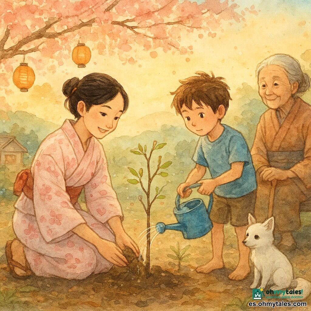 Una joven sonriente y segura, vestida con un ligero kimono rosa pálido con motivos de pétalos de cerezo, cabello negro en moño con una horquilla de madera, planta delicadamente un pequeño cerezo con las manos en la tierra; a su derecha un niño de unos 8 años, pelo castaño alborotado, curioso, riega un joven bambú con una regadera azul; una anciana de unos 70 años, pelo gris recogido y piel arrugada pero sonriente, apoya un bastón de bambú desde un banco de madera con un sombrero de paja en el regazo; un pequeño zorro blanco de pelaje suave y ojos vivos está sentado junto a las raíces, atento; escenario en un bosquete cercano a un pueblo japonés con suelo de tierra oscura y hojas, flores de cerezo en cascada, faroles de papel colgando, casas de tejas y colinas suaves al fondo; plantación colectiva al crepúsculo con luz dorada entre las ramas, atmósfera cooperativa y serena, gotas de agua brillando en las hojas y sutiles salpicaduras como acuarela para dar movimiento.