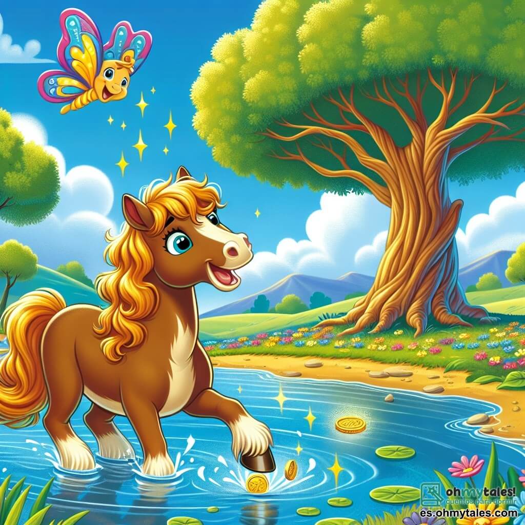 Un caballo majestuoso llamado Estrella, con un brillante pelaje marrón y una melena dorada que flota al viento, se encuentra al borde de un lago resplandeciente, mostrando una expresión de alegría y emoción al ver su cintilla dorada flotando en el agua. A su lado, una mariposa colorida con alas vibrantes de azul y amarillo vuela a su alrededor, sonriente y alentadora, lista para ayudarlo en su búsqueda. Al fondo, un gran árbol con hojas verdes exuberantes y un tronco nudoso se erige, añadiendo un toque de sabiduría a la escena. El cielo es de un azul brillante, salpicado de nubes blancas y esponjosas, y el prado está lleno de flores coloridas que bailan con la suave brisa. Estrella, con determinación, se acerca al lago, listo para zambullirse y recuperar su preciada cintilla dorada.