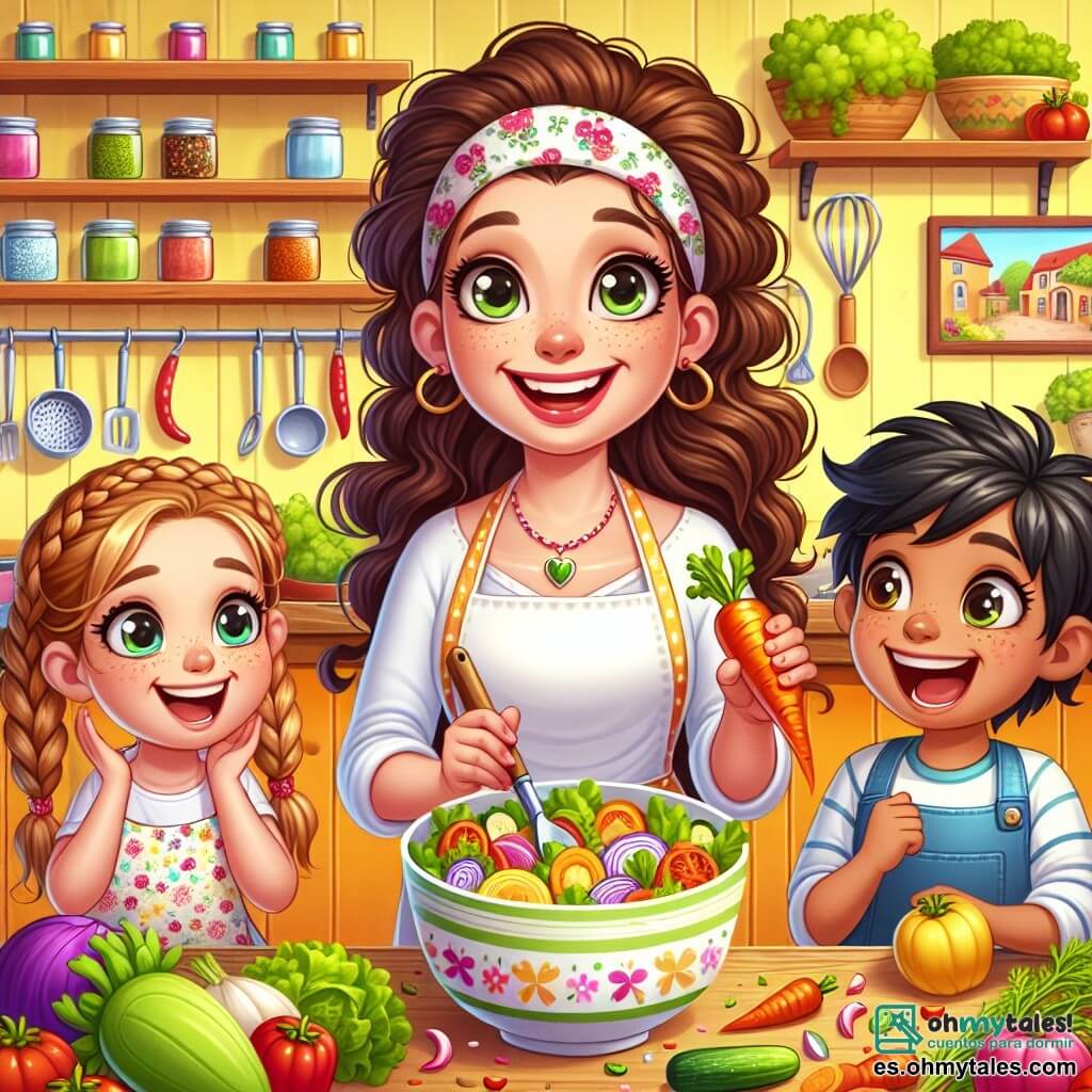 Una chef de cocina sonriente, Carmen, una mujer de unos treinta años con cabello rizado castaño y un delantal colorido, se encuentra en el centro de la cocina, rodeada de verduras frescas. Tiene ojos brillantes de alegría y una gran sonrisa cálida, mostrando su entusiasmo por la cocina. A su lado, Ana, una niña de 8 años con trenzas rubias, sostiene una zanahoria en alto, maravillada por el color vivo de los ingredientes. Lleva un pequeño delantal con flores y mira a Carmen con admiración. Juan, un niño de 7 años con el cabello negro despeinado, está mezclando una gran ensalada en un bol, riendo a carcajadas, mientras trozos de verduras coloridas vuelan a su alrededor. La cocina es luminosa y acogedora, con paredes pintadas de amarillo pastel, estanterías llenas de tarros de especias y utensilios de cocina colgados. Una gran mesa de madera está cargada de frutas y verduras frescas, creando un ambiente alegre y animado. Carmen enseña a los niños cómo preparar una deliciosa ensalada, y todos ríen juntos, compartiendo momentos de felicidad y creatividad culinaria.