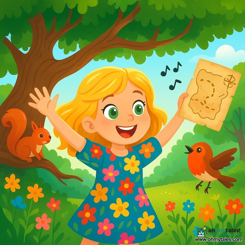 An 8-year-old girl, Emma, with golden hair shining like sunbeams, wears a colorful floral dress. She has sparkling green eyes full of curiosity and a bright smile of joy. She stands in front of a large gnarled tree, raising her arms in wonder while holding an ancient map in her hands. Next to her, a small robin with bright red plumage joyfully flits around Emma, singing cheerful notes. A mischievous squirrel with brown fur and a bushy tail climbs a nearby branch, watching the scene with sparkling excited eyes. The setting is an enchanted clearing surrounded by tall trees with vibrant green leaves, where wildflowers of all colors dance in the breeze. A soft ray of sunlight filters through the branches, illuminating the scene with a golden light. The main situation shows Emma, full of enthusiasm, discovering a hidden treasure, a mysterious map that promises an incredible adventure.