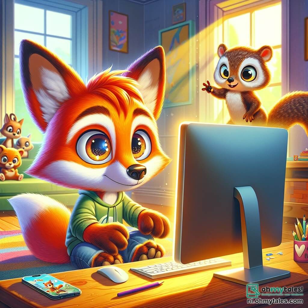 Felix, een jonge vos met een feloranje vacht en nieuwsgierige ogen, zit voor een helder scherm, gefascineerd door een videogame. Zijn uitdrukking is zowel verwonderd als een beetje bezorgd, alsof hij verloren is in een fascinerende virtuele wereld. Naast hem kijkt Max, een klein eekhoorn met bruin haar en een volle staart, met een mengeling van bezorgdheid en opwinding naar hem, terwijl hij op zijn achterpoten staat, klaar om hem uit te nodigen om naar buiten te gaan. Olivia, een wijze uil met zachte veren en grote ronde ogen, zit op een nabijgelegen tak en observeert de scène met een bemoedigende glimlach, alsof ze weet dat het avontuur op hen wacht. De scène speelt zich af in een warme kamer, gevuld met kleurrijke speelgoed en boeken, met een zonnestraal die door het raam filtert en de kamer in een gouden licht baadt. Felix is verdiept in zijn scherm, terwijl Max en Olivia proberen hem te overtuigen om naar buiten te gaan voor een avontuur in de echte wereld, wat een contrast creëert tussen de magie van het virtuele en de roep van de natuur.