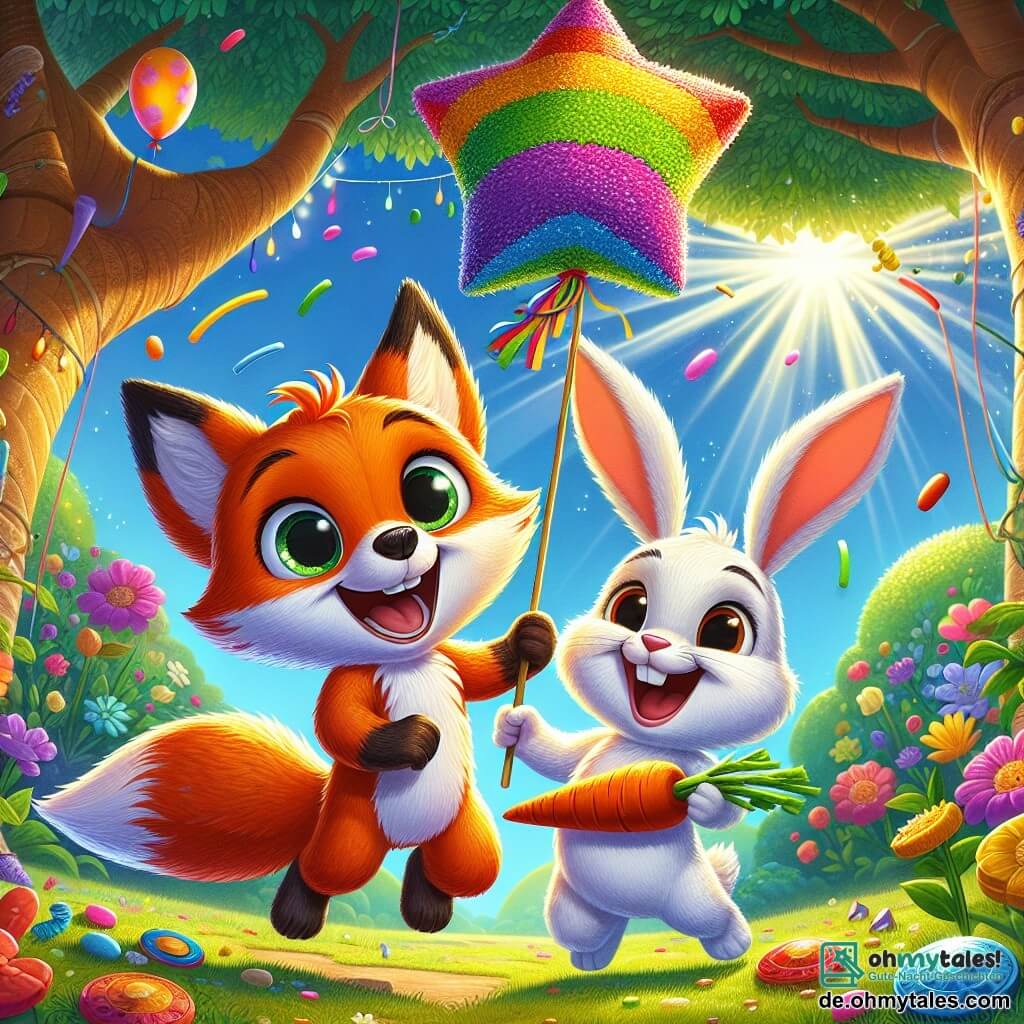 Der kleine Fuchs Felix mit seinem leuchtend orangefarbenen Fell und seinen großen, fröhlichen Augen springt glücklich unter einem großen Baum. Er hält einen bunten Ballon, der über ihm schwebt, und ein breites Lächeln erhellt sein Gesicht. Neben ihm hält der fröhliche Hase Hugo mit seinem weißen Fell und seinen aufrechten Ohren eine köstliche Karottentorte, seine Miene ist voller Aufregung und Freundschaft. Die Szenerie ist ein bezaubernder Garten, gefüllt mit bunten Blumen, die im Wind tanzen, während Sonnenstrahlen durch die Blätter der Bäume scheinen. In der Mitte leuchtet eine große, sternförmige Piñata, umgeben von funkelnden Süßigkeiten, die den Boden bedecken. Die Szene strahlt eine festliche und fröhliche Atmosphäre aus und zeigt den Moment, in dem Felix und Hugo bereit sind, die Piñata zu schlagen, um Felix' Geburtstag zu feiern.