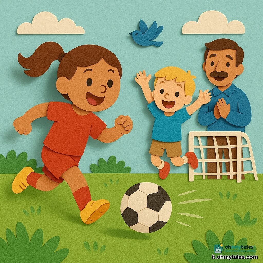 Una donna calciatrice gioiosa e determinata, capelli castani raccolti in coda, volto tondo e ampio sorriso, maglia rossa a maniche corte e scarpe da calcio gialle, sta calciando un pallone bianco e nero; un bambino, Leo, circa 6 anni, capelli biondi corti ed espressione entusiasta, salta con le braccia alzate a destra della donna per festeggiare il gol; un uomo adulto, l'allenatore Mario, circa 40 anni, con baffo sottile e volto benevolo, applaude in piedi vicino alla porta sullo sfondo; il campo è un prato verde vivo con erba stilizzata, una piccola porta bianca semplice e il pallone a terra con ombra morbida; il cielo è azzurro chiaro con un uccello stilizzato e poche nuvole bianche a carta; la scena cattura il momento del tiro: pallone in movimento con linee dinamiche, luce morbida, colori vividi e contorni netti tipici del découpage.