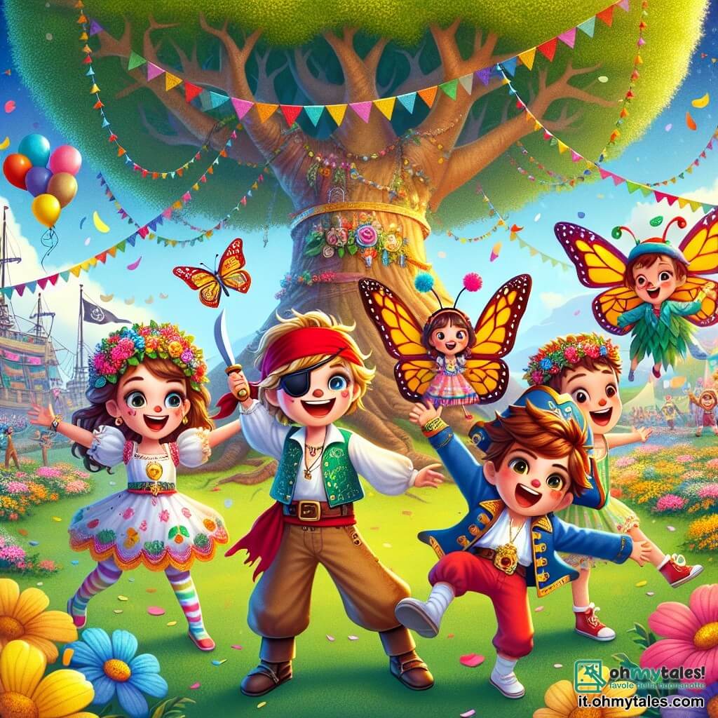 In una scena gioiosa di carnevale, quattro bambini sono riuniti ai piedi di un grande albero maestoso, le cui branche si estendono come braccia accoglienti. Marco, un ragazzo di otto anni, indossa un costume da pirata con un bandana rosso e una spada di plastica, sorridendo con occhi brillanti di eccitazione. Giulia, una ragazza di otto anni, è alla sua destra, vestita con un costume da farfalla colorato, con ali scintillanti e una corona di fiori in testa, danza gioiosamente con le braccia sollevate. Luca, un ragazzo di otto anni, si trova a sinistra di Marco, vestito da clown con un naso rosso e abiti multicolori, fa delle smorfie aggiungendo un tocco di umorismo alla scena. Samuele, un ragazzo di otto anni, è leggermente indietro, indossando un costume da supereroe con un mantello svolazzante, tiene una mappa del tesoro con aria determinata, pronto a guidare i suoi amici verso l'avventura. Il contesto è un parco vibrante di colori, con fiori brillanti, palloncini fluttuanti e festoni di carta appesi agli alberi. Il cielo è blu e soleggiato, e le risate dei bambini risuonano nell'aria. I bambini stanno scoprendo una mappa del tesoro, circondati da un'atmosfera festosa, pronti a partire per un'avventura alla ricerca del tesoro nascosto del carnevale.