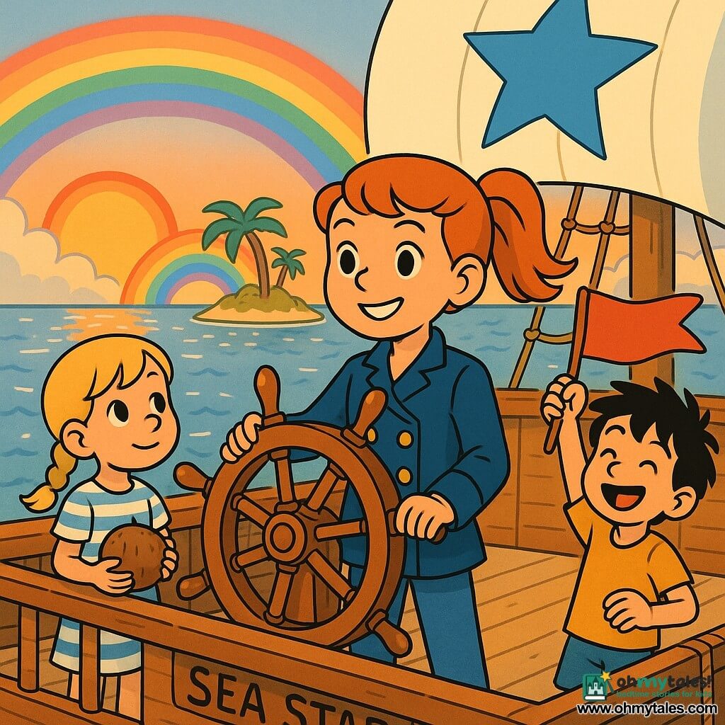 Lily, a young woman captain with red hair in a ponytail, wearing a navy jacket with gold buttons, hand on a polished wooden helm, confident stance and bright eyes; a boy of about 8 with messy black hair laughs while waving a red flag on the deck to Lily’s right; a girl of about 6 with blonde braids in a striped dress holds a coconut near the left rail, looking amazed at the horizon; the ship Sea Star is a large wooden vessel with a white sail bearing a blue star and visible rigging; the calm sea after a storm shimmers with orange sunset reflections, a rainbow appears in the background and a silvery mist reveals a small sparkling island with curved palms and a golden sandy beach; the crew is celebrating finding the magical island — joyful, peaceful atmosphere with colorful composition, clear outlines and very readable facial expressions for young children.