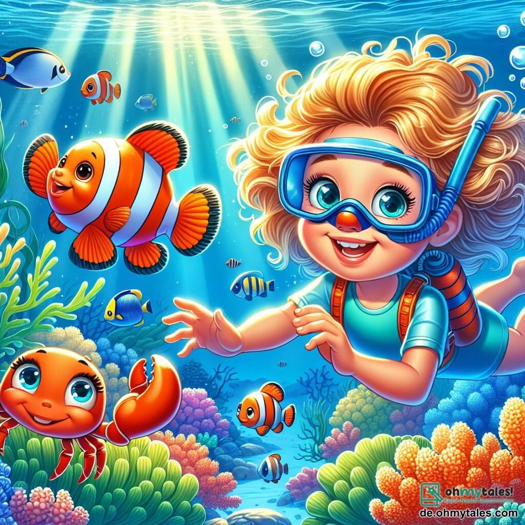 Ein 8-jähriges Mädchen mit lockigem, goldenem Haar trägt einen blauen Neoprenanzug. Sie hat neugierige, funkelnde Augen und ein staunendes Lächeln und schwimmt begeistert im klaren Wasser. Neben ihr schwimmt ein bunter Fisch namens Oskar, ein Clownfisch mit orange-weißen Streifen, der sie fröhlich durch die Unterwasserwelt führt. Etwas weiter entfernt schlüpft ein kleiner Krebs namens Karla mit einem leuchtend roten Panzer und schelmischen Augen zwischen den Algen hindurch, bereit zu helfen. Die Szenerie ist ein wunderschönes Korallenriff, gefüllt mit bunten Korallen, exotischen Fischen und Lichtstrahlen, die durch das Wasser filtern und eine magische Atmosphäre schaffen. Die Hauptsituation zeigt das Mädchen und Oskar, die gemeinsam das Riff erkunden, umgeben von Meeresbewohnern, während Karla sie ermutigend anlächelt, alle bereit für ein neues Abenteuer unter dem Meer.